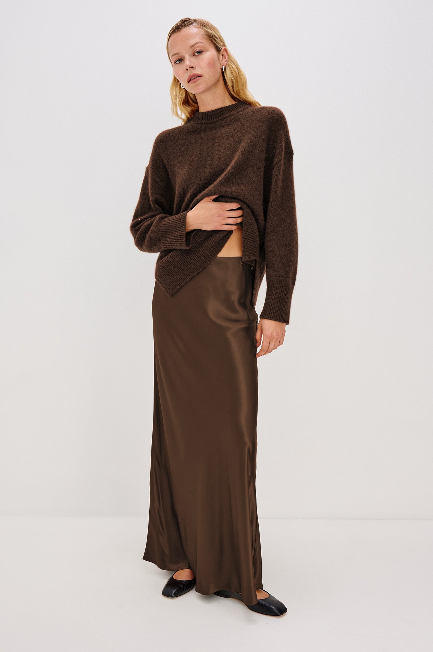 Romina Maxi Satin Skirt in Espresso Colorway - Full Body Front View Featured on Model