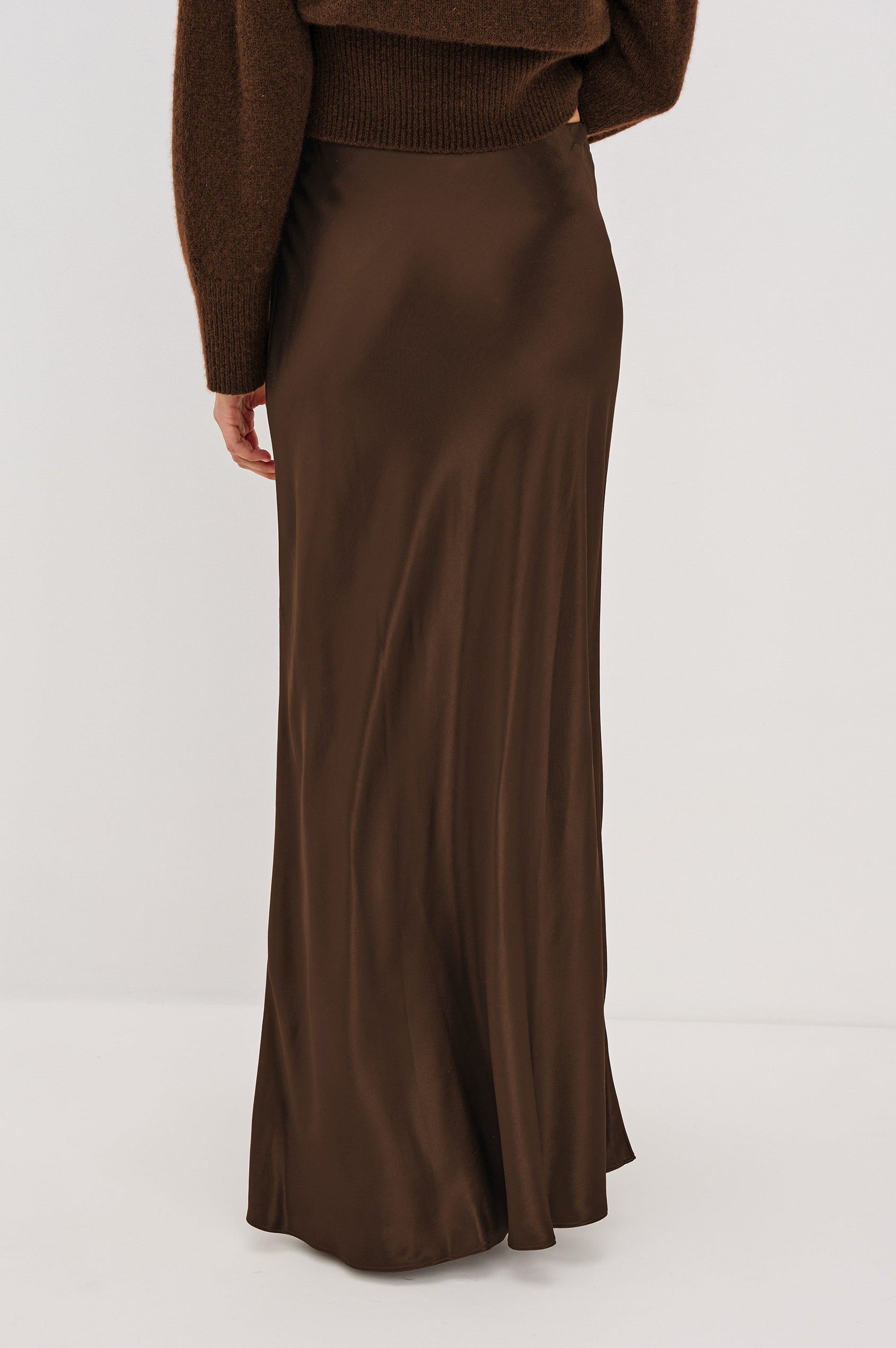 Romina Maxi Satin Skirt in Espresso Colorway - Back View Featured on Model