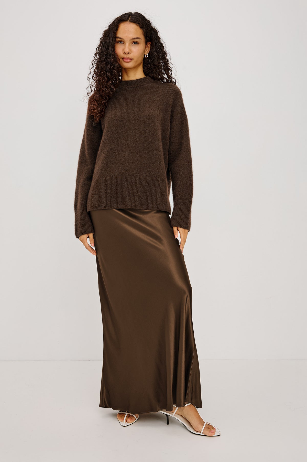Romina Maxi Skirt Bias Cut in Satin-Back Crepe With Elastic High Waist in Espresso Colorway - Full Body Front View Featured on Model