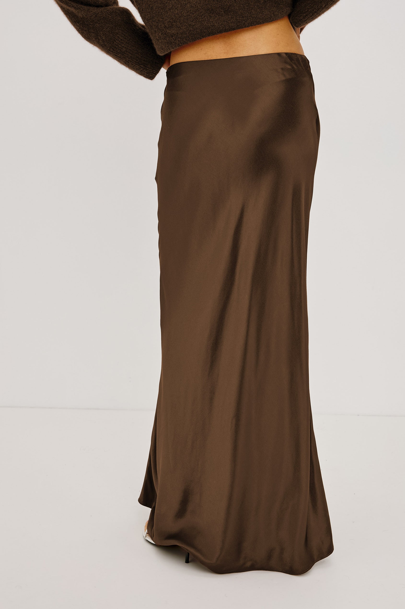 Romina Maxi Skirt Bias Cut in Satin-Back Crepe With Elastic High Waist in Espresso Colorway - Lower Body Back View Featured on Model
