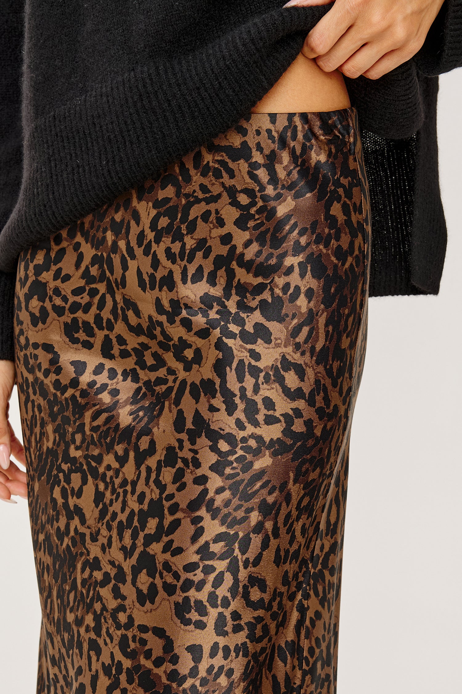 Romina Midi Skirt in Satin Back Crepe With Bias Cut in Ginger Spotted Colorway - Lower Body Close Up View Featured on Model