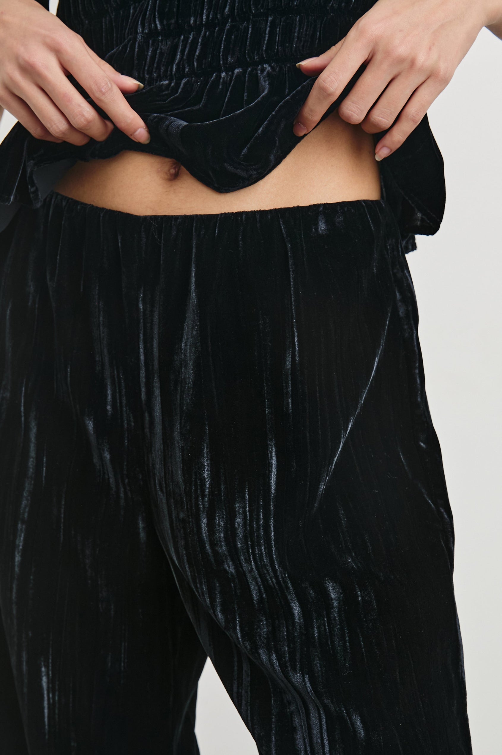 Brissa Pants with an Elastic Waist in Black Velvet Colorway - Front View Featured on Model
