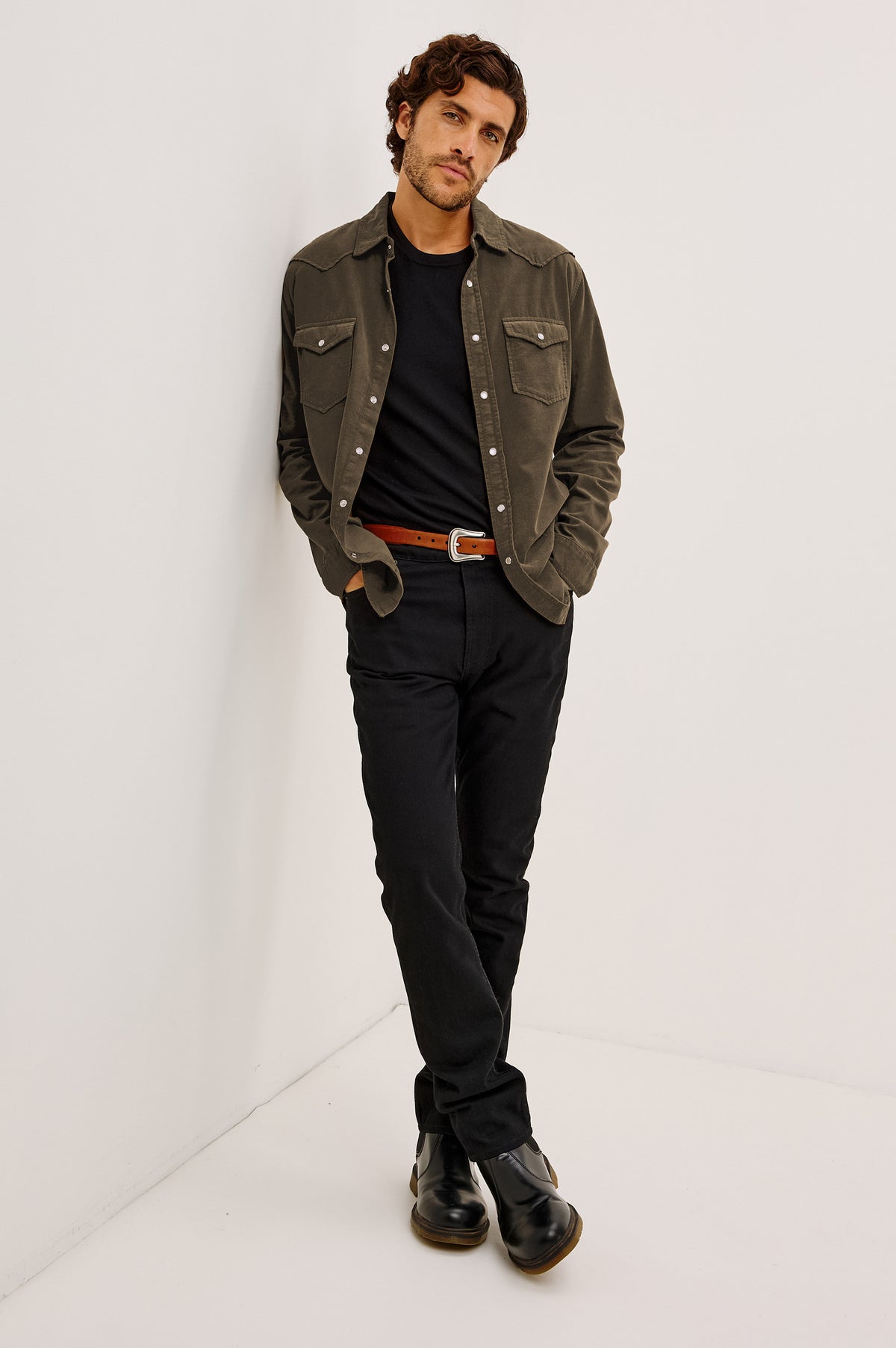Roy Shirt in Fine Wale Corduroy With Western Shoulder and Back Yokes, Spread Collar, Snap Front, Dual Chest Flap Pockets, and Shirttail Hem in Acacia Colorway - Full Body Front View Featured on Model