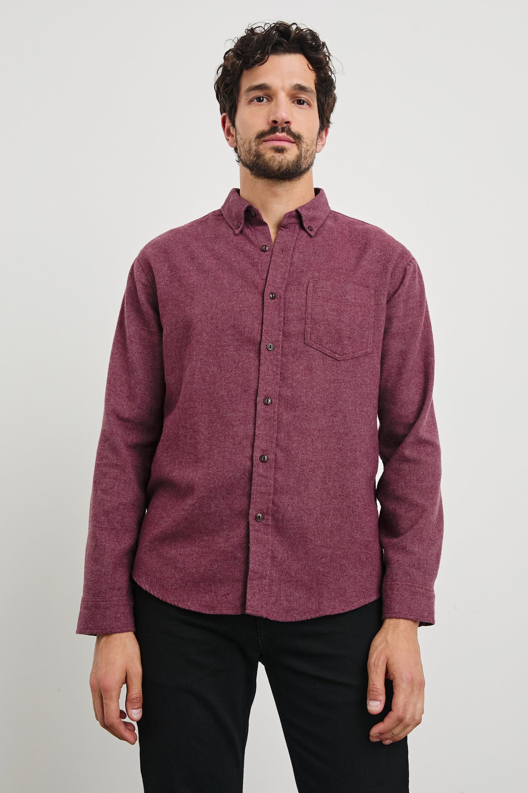 Runson Long-Sleeve Button Down with a Chest Patch Pocket in Currant Colorway - Front View Featured on Model