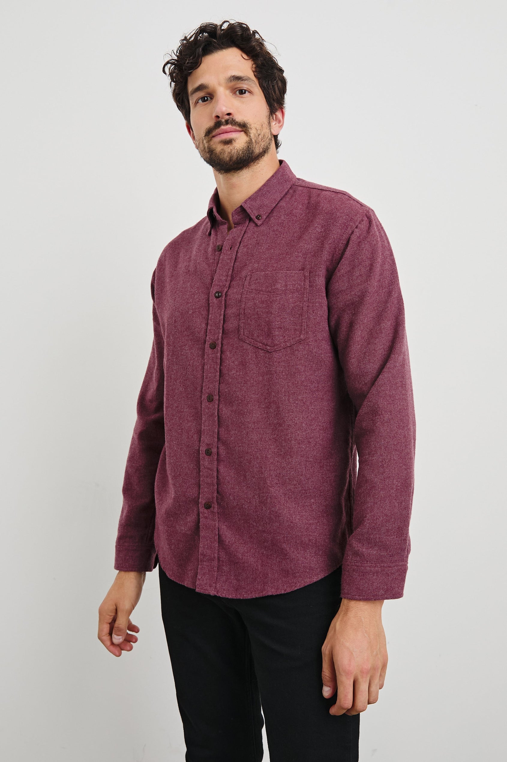 Runson Long-Sleeve Button Down with a Chest Patch Pocket in Currant Colorway - Front View Featured on Model