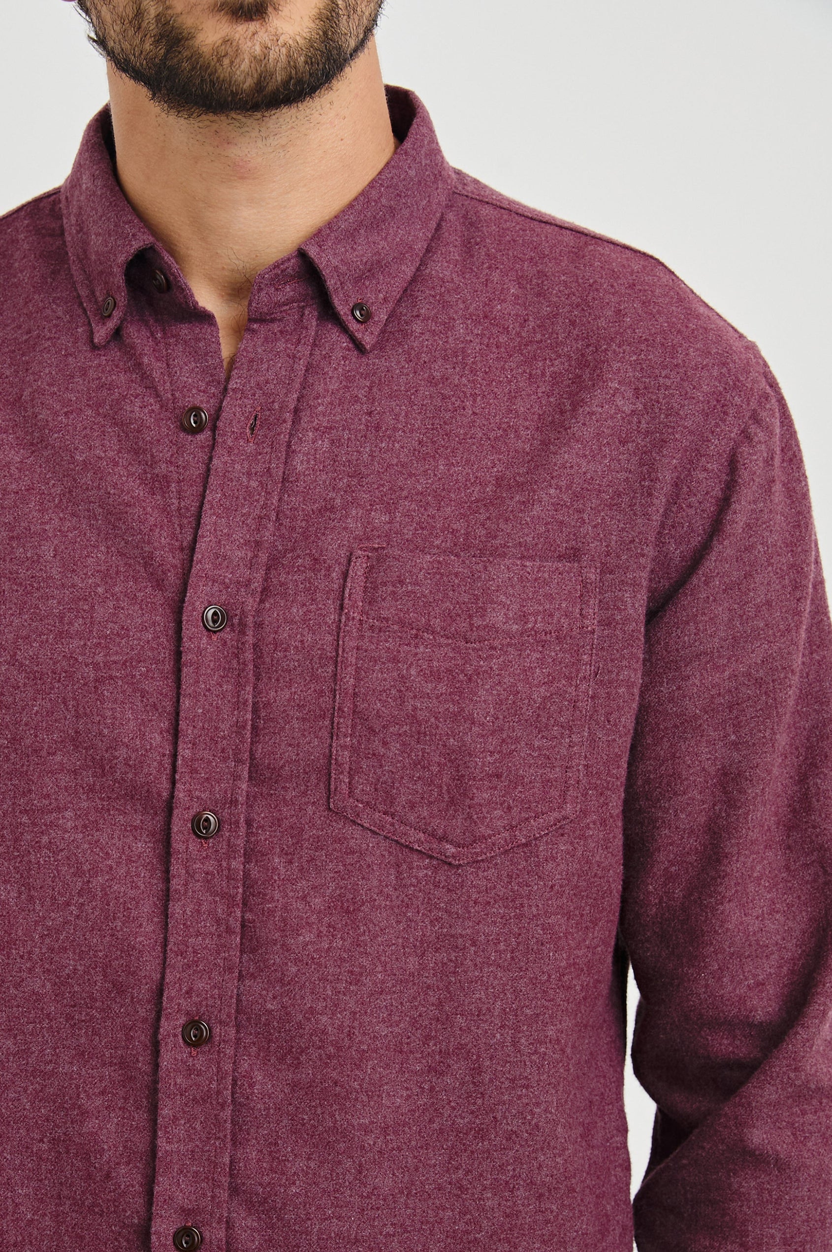 Runson Long-Sleeve Button Down with a Chest Patch Pocket in Currant Colorway - Front View Featured on Model