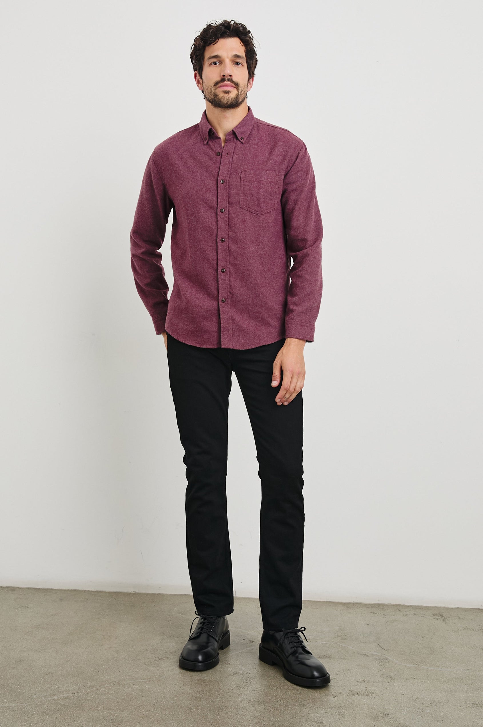 Runson Long-Sleeve Button Down with a Chest Patch Pocket in Currant Colorway - Front Full Body View Featured on Model