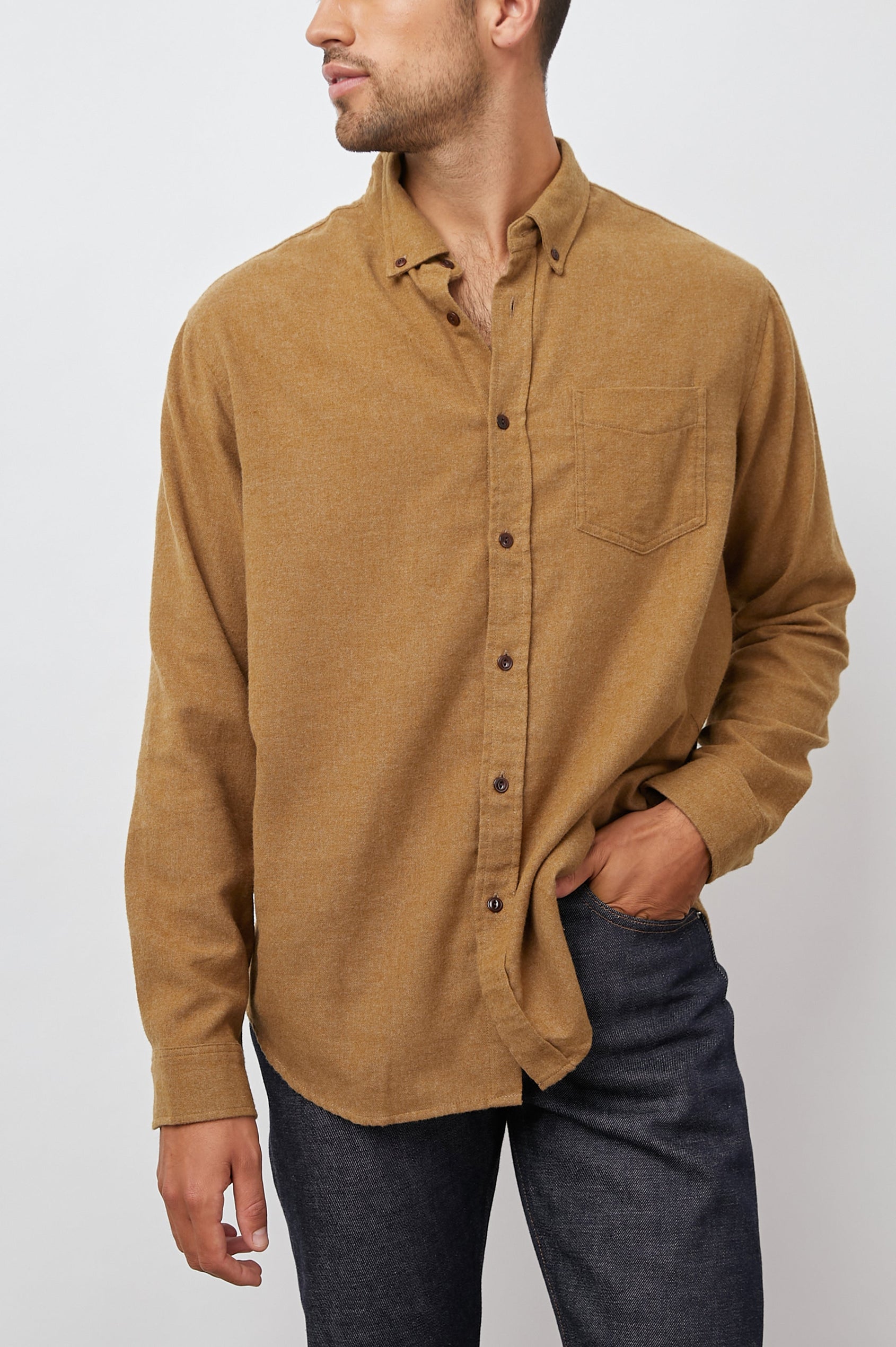 Runson Long-Sleeve Button Down with a Chest Patch Pocket in Golden Rod Colorway - Front View Featured on Model