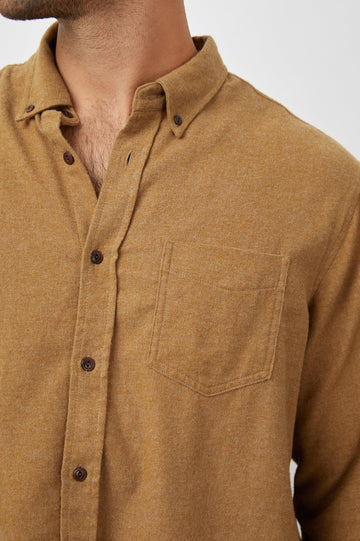 Runson Long-Sleeve Button Down with a Chest Patch Pocket in Golden Rod Colorway - Front View Featured on Model