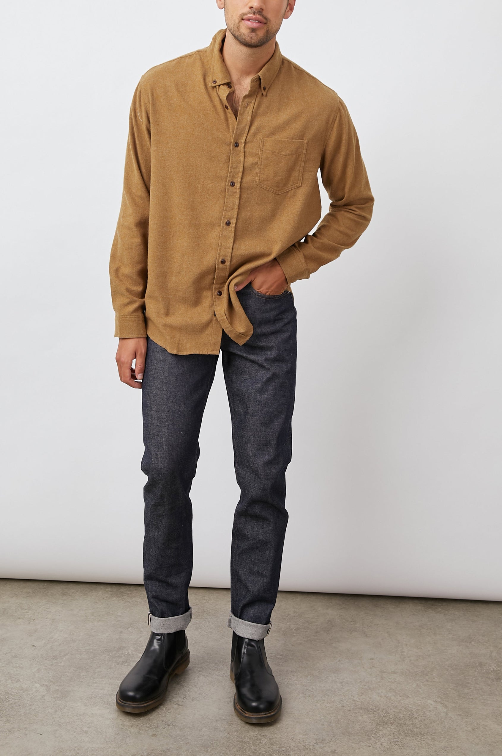 Runson Long-Sleeve Button Down with a Chest Patch Pocket in Golden Rod Colorway - Front Full Body View Featured on Model