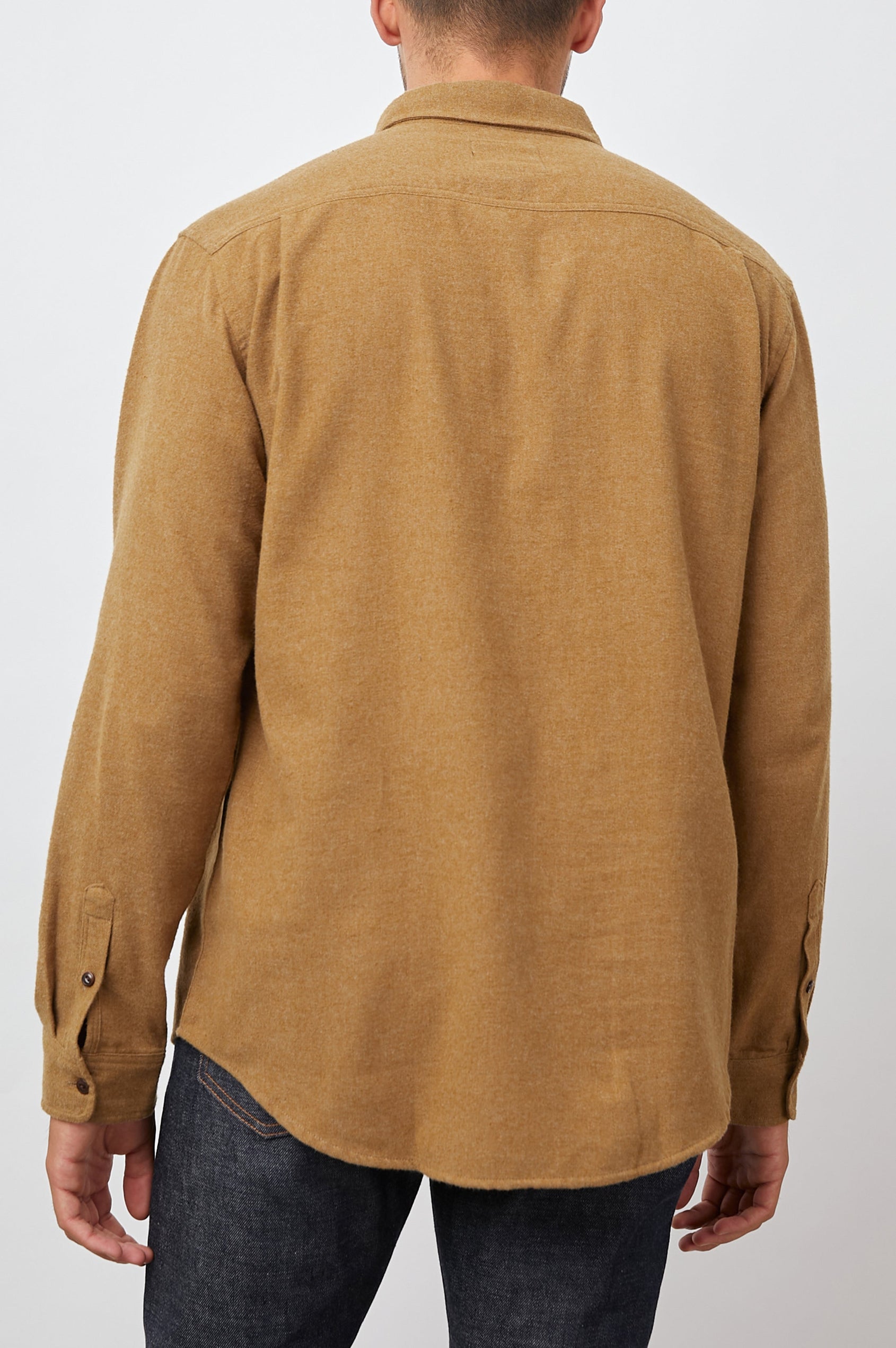 Runson Long-Sleeve Button Down with a Chest Patch Pocket in Golden Rod Colorway - Back View Featured on Model