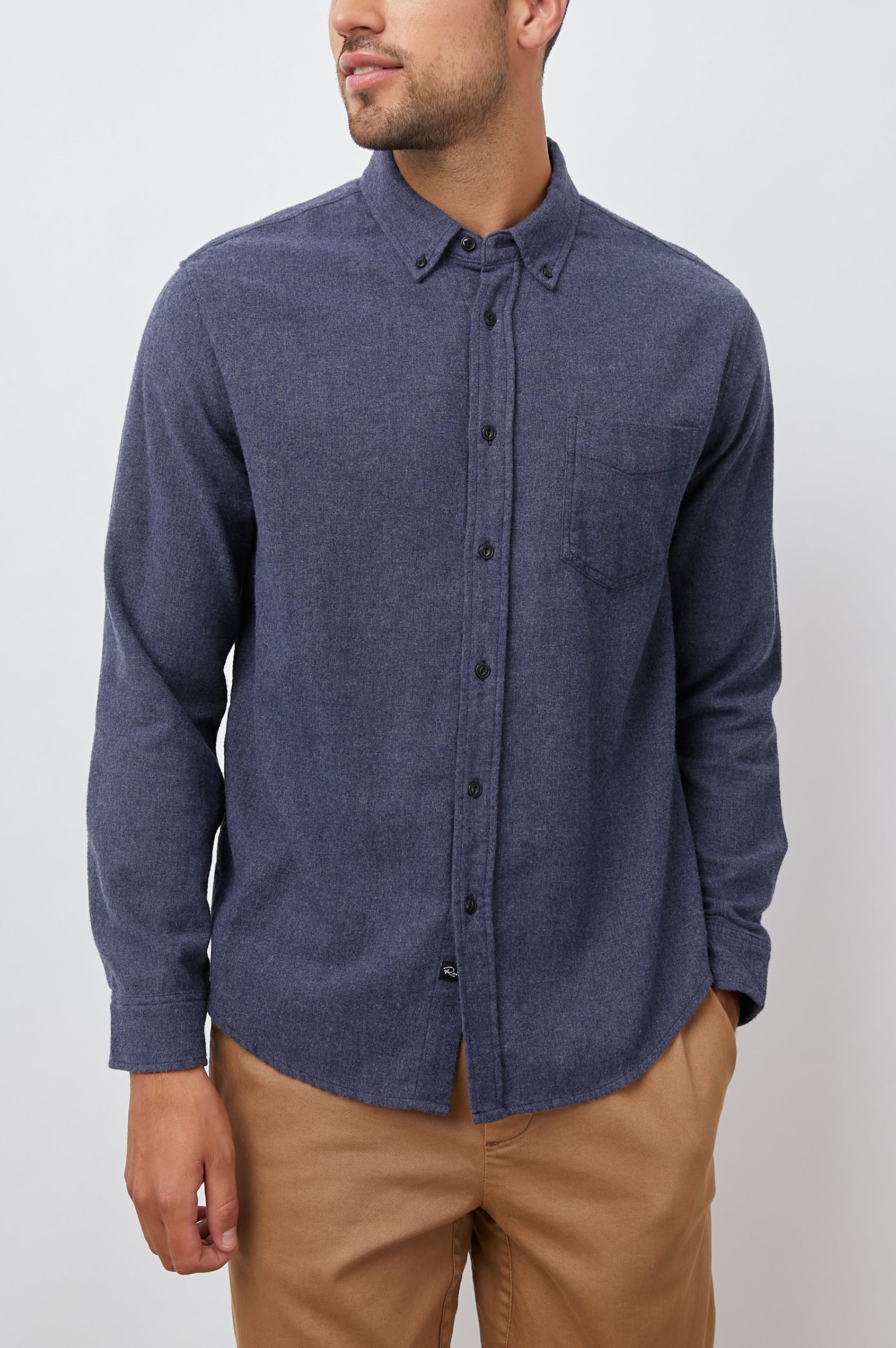 Runson Long-Sleeve Button Down with a Chest Patch Pocket in Heather Blue Colorway - Front View Featured on Model