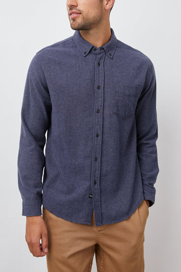 Runson Long-Sleeve Button Down with a Chest Patch Pocket in Heather Blue Colorway - Front View Featured on Model