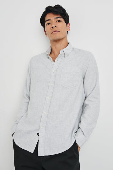 Runson Long-Sleeve Button Down with a Chest Patch Pocket in Heather Grey Colorway - Front View Featured on Model