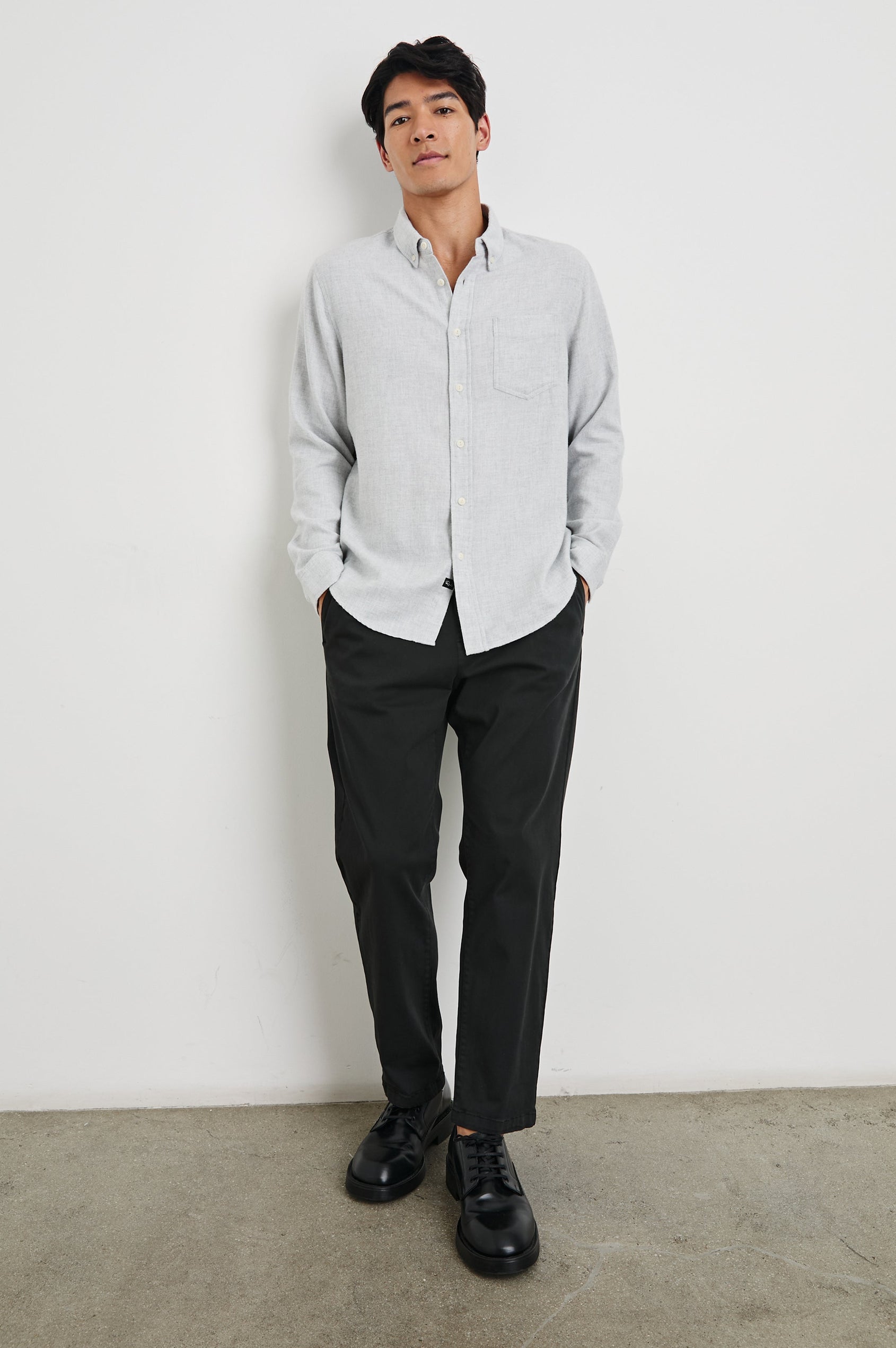 Runson Long-Sleeve Button Down with a Chest Patch Pocket in Heather Grey Colorway - Front Full Body View Featured on Model