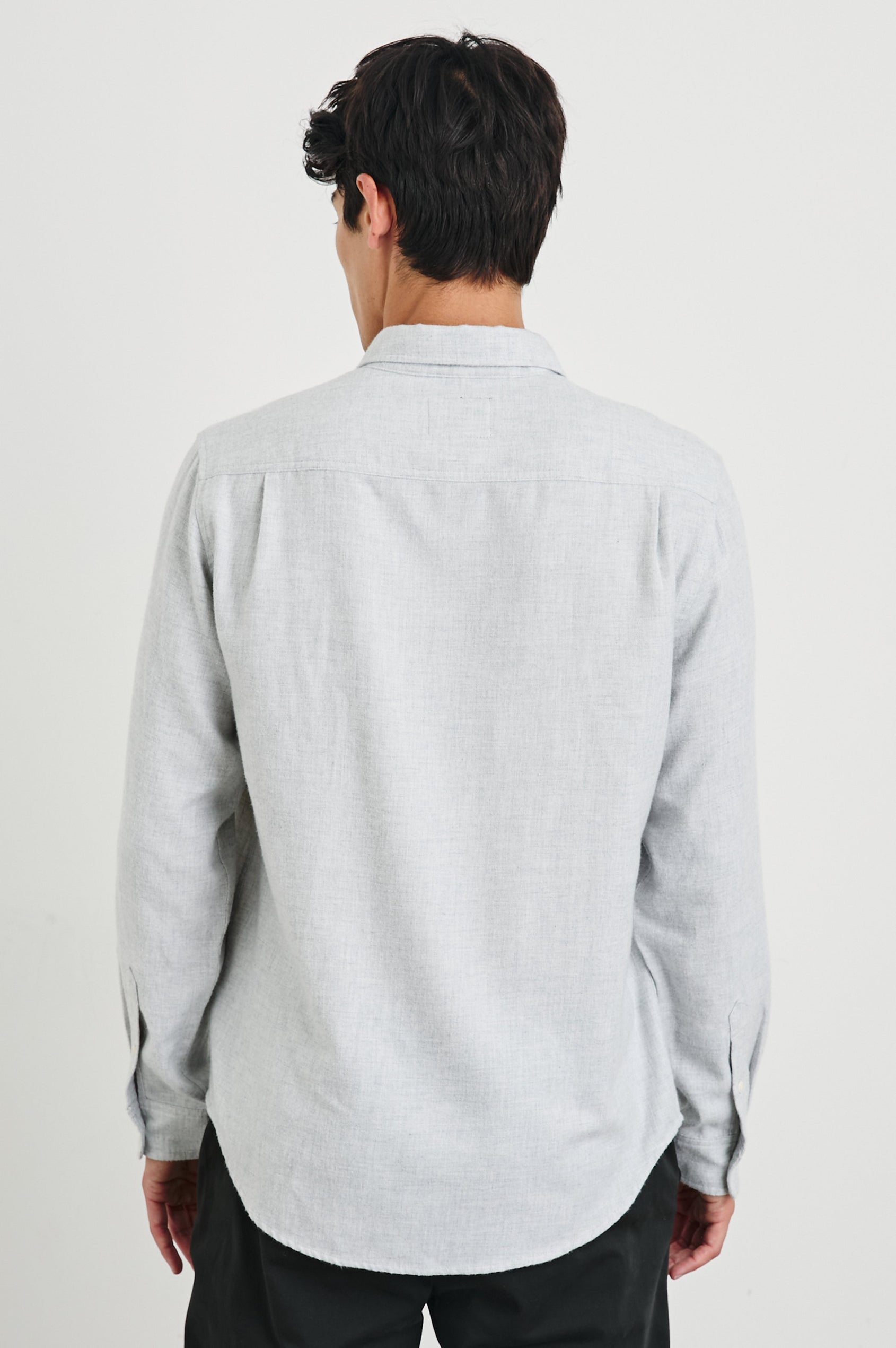 Runson Long-Sleeve Button Down with a Chest Patch Pocket in Heather Grey Colorway - Back View Featured on Model