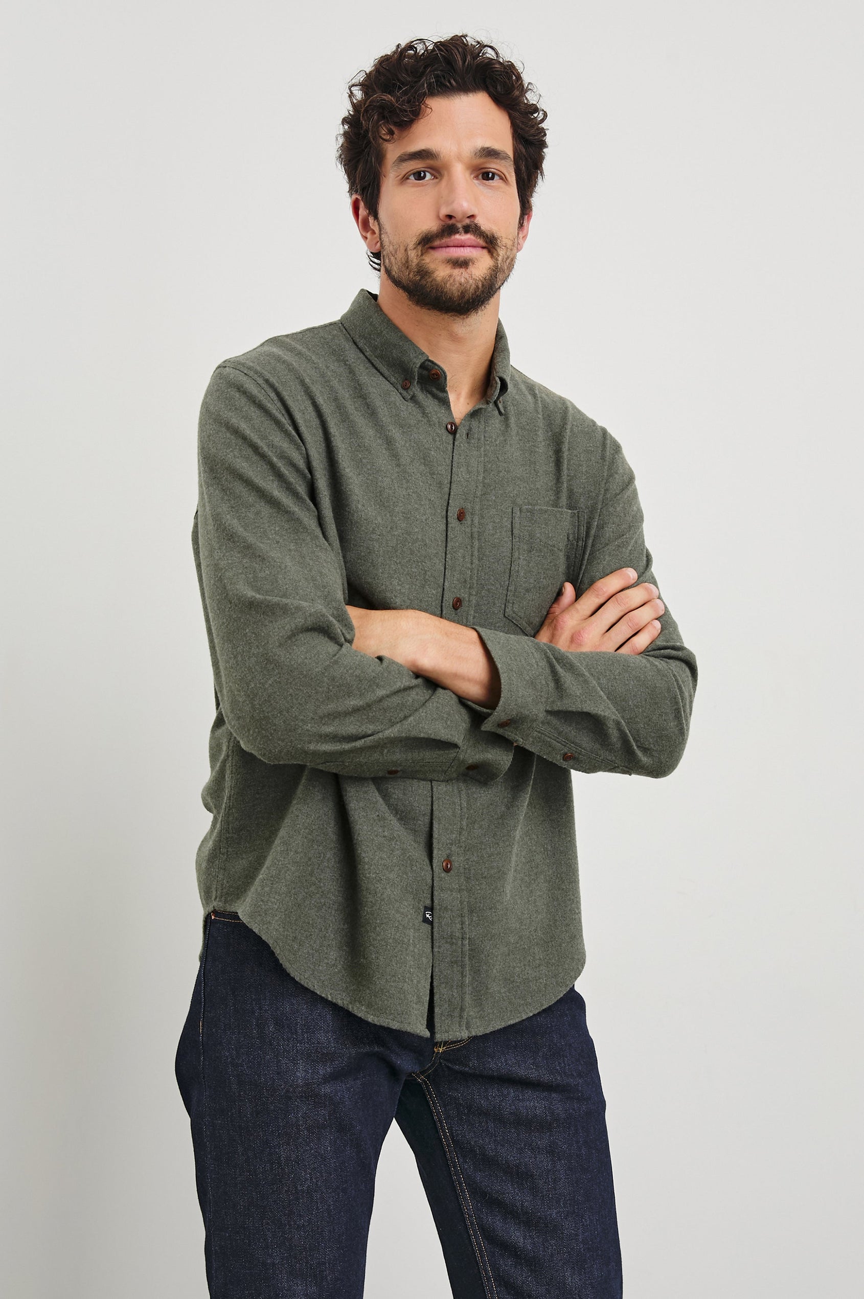 Runson Long-Sleeve Button Down with a Chest Patch Pocket in Heather Green Colorway - Front View Featured on Model