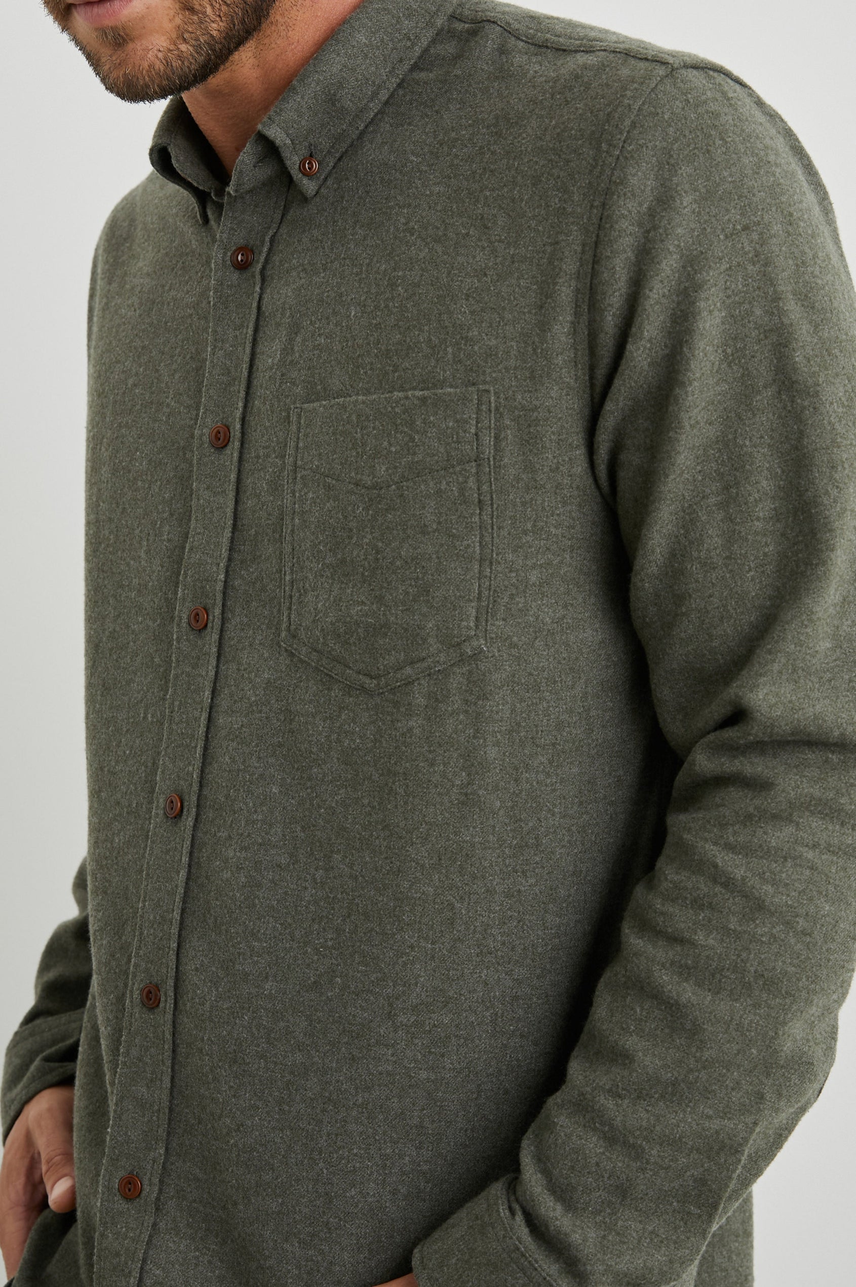 Runson Long-Sleeve Button Down with a Chest Patch Pocket in Heather Green Colorway - Front View Featured on Model