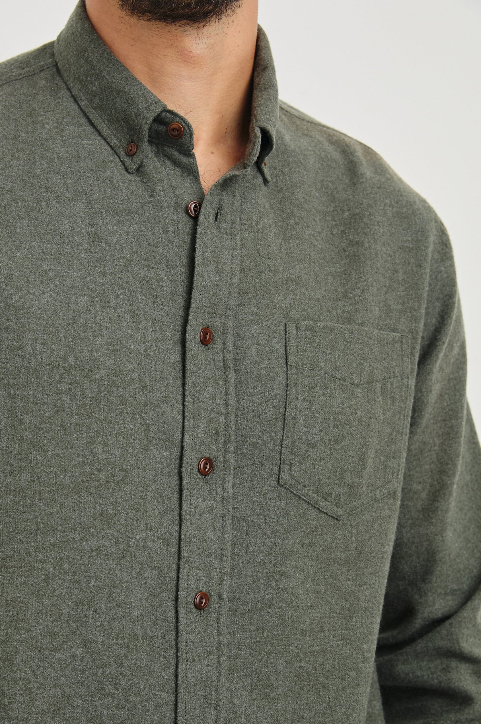 Runson Long-Sleeve Button Down with a Chest Patch Pocket in Heather Green Colorway - Front View Featured on Model