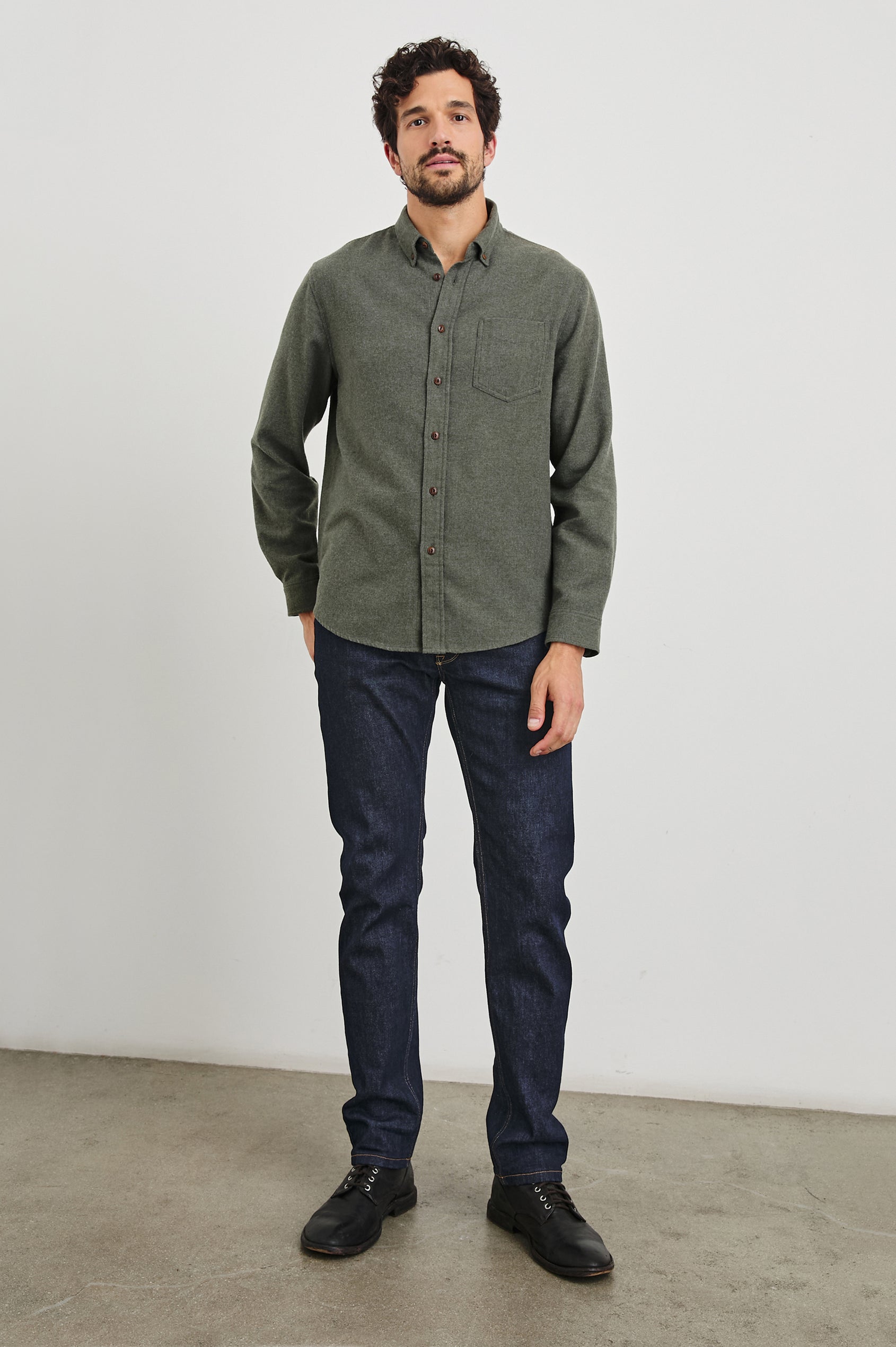 Runson Long-Sleeve Button Down with a Chest Patch Pocket in Heather Green Colorway - Front Full Body View Featured on Model
