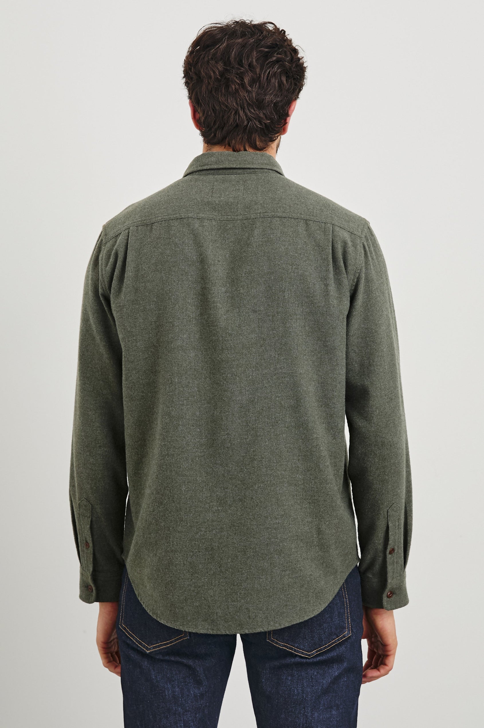 Runson Long-Sleeve Button Down with a Chest Patch Pocket in Heather Green Colorway - Back View Featured on Model