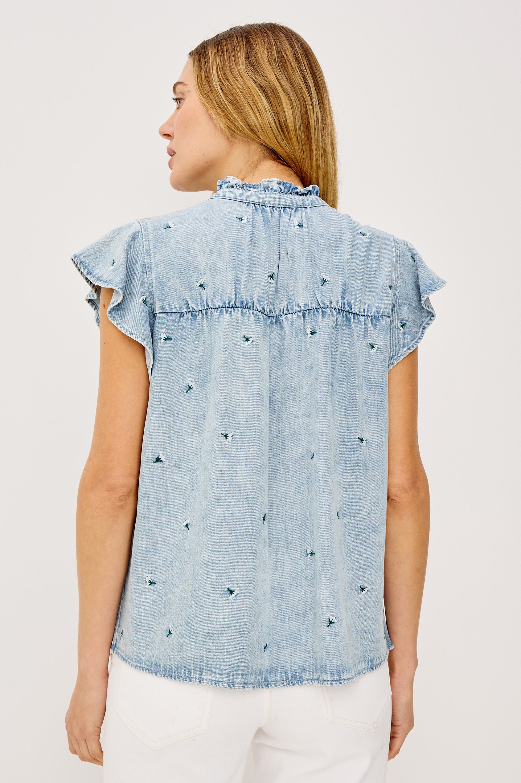 Ruthie Flutter Sleeve High Neck Front Button Ruffle Trim Yoke Detail Top in Ivory Carnations Colorway - Upper Body Back View Featured on Model