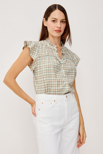 Ruthie Flutter Sleeve High Neck Front Button Ruffle Trim Yoke Detail Top in Julep Mint Check Colorway - Upper Body Front View Featured on Model
