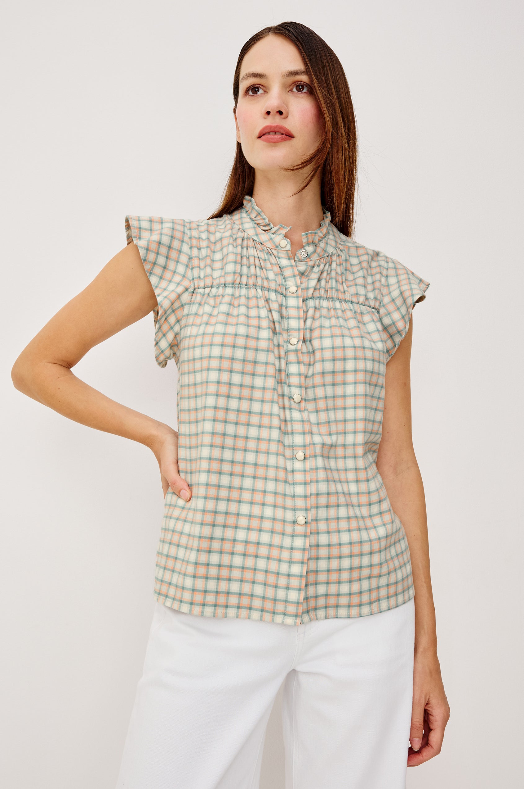 Ruthie Flutter Sleeve High Neck Front Button Ruffle Trim Yoke Detail Top in Julep Mint Check Colorway - Upper Body Front View Featured on Model