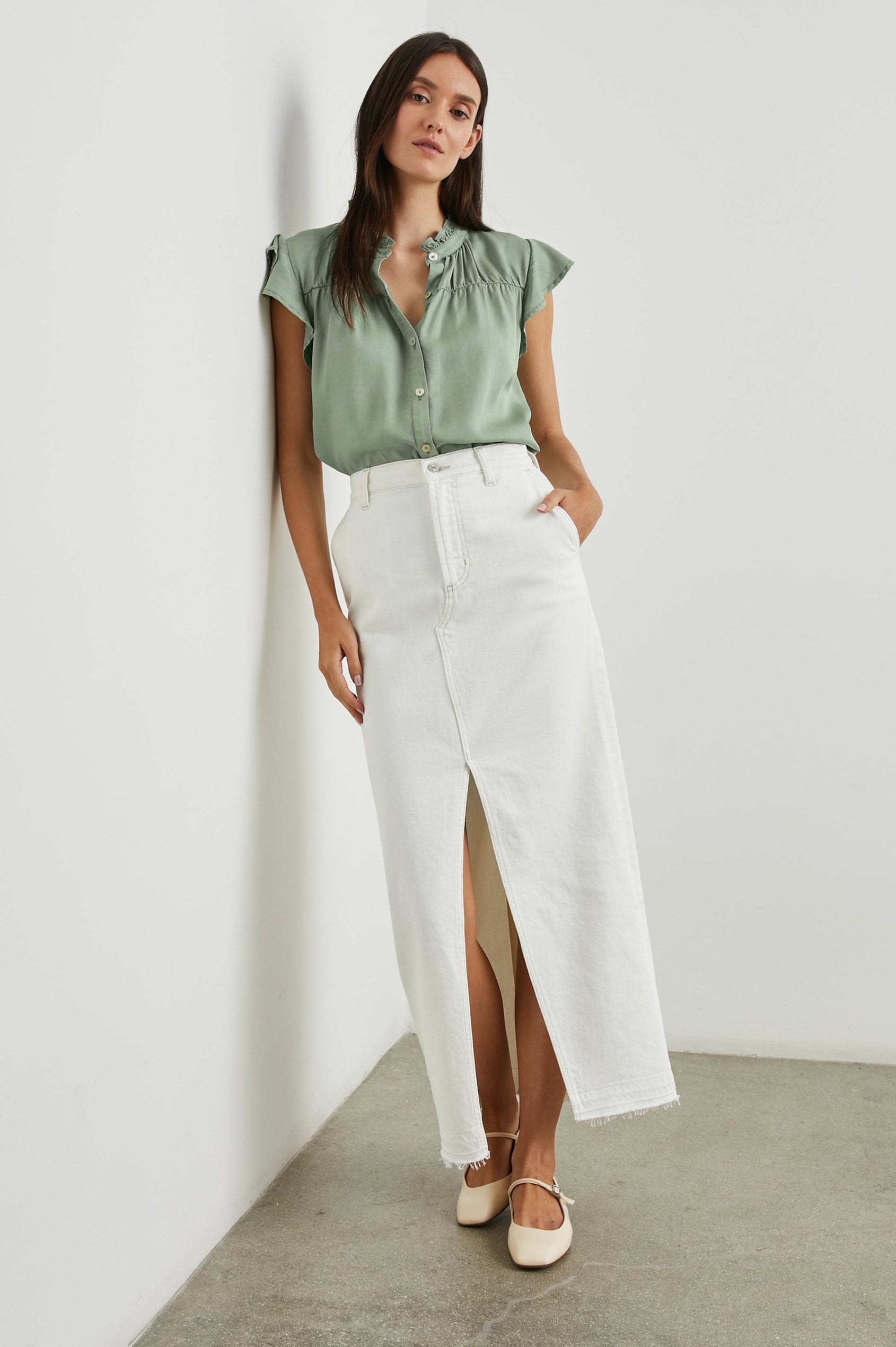 RUTHIE SHIRT - SAGE DENIM - FULL BODY LEANING