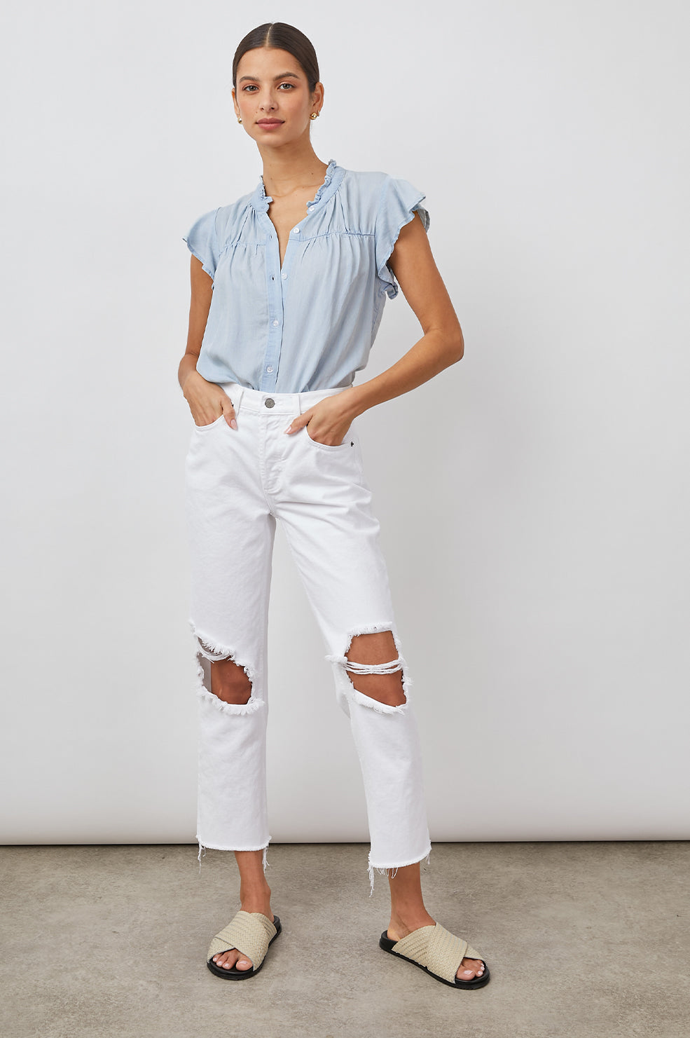 RUTHIE LIGHT VINTAGE BUTTON DOWN RUFFLE SLEEVE-FULL FRONT BODY