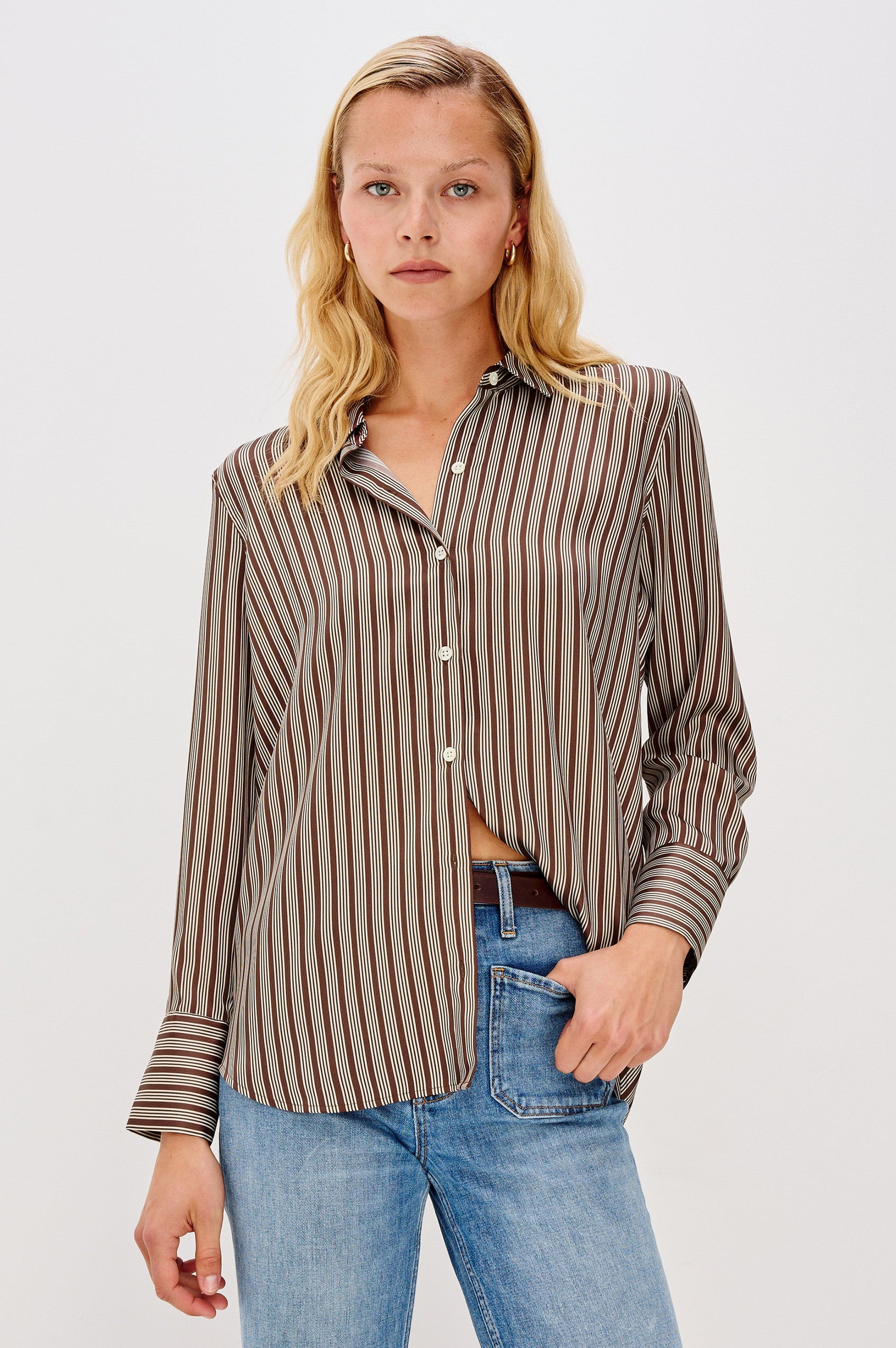 Saige Long-Sleeve Button Up in Isle Stripe colorway with brown base and thin and thick cream colored stripes  - Front View Featured on Model