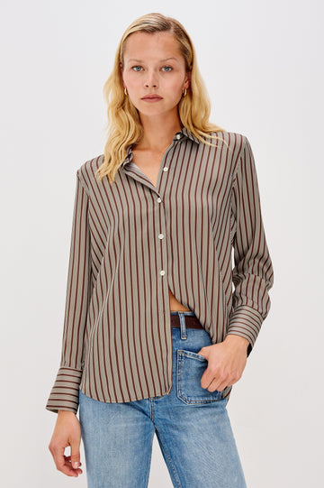Saige Long-Sleeve Button Up in Isle Stripe colorway with brown base and thin and thick cream colored stripes  - Front View Featured on Model
