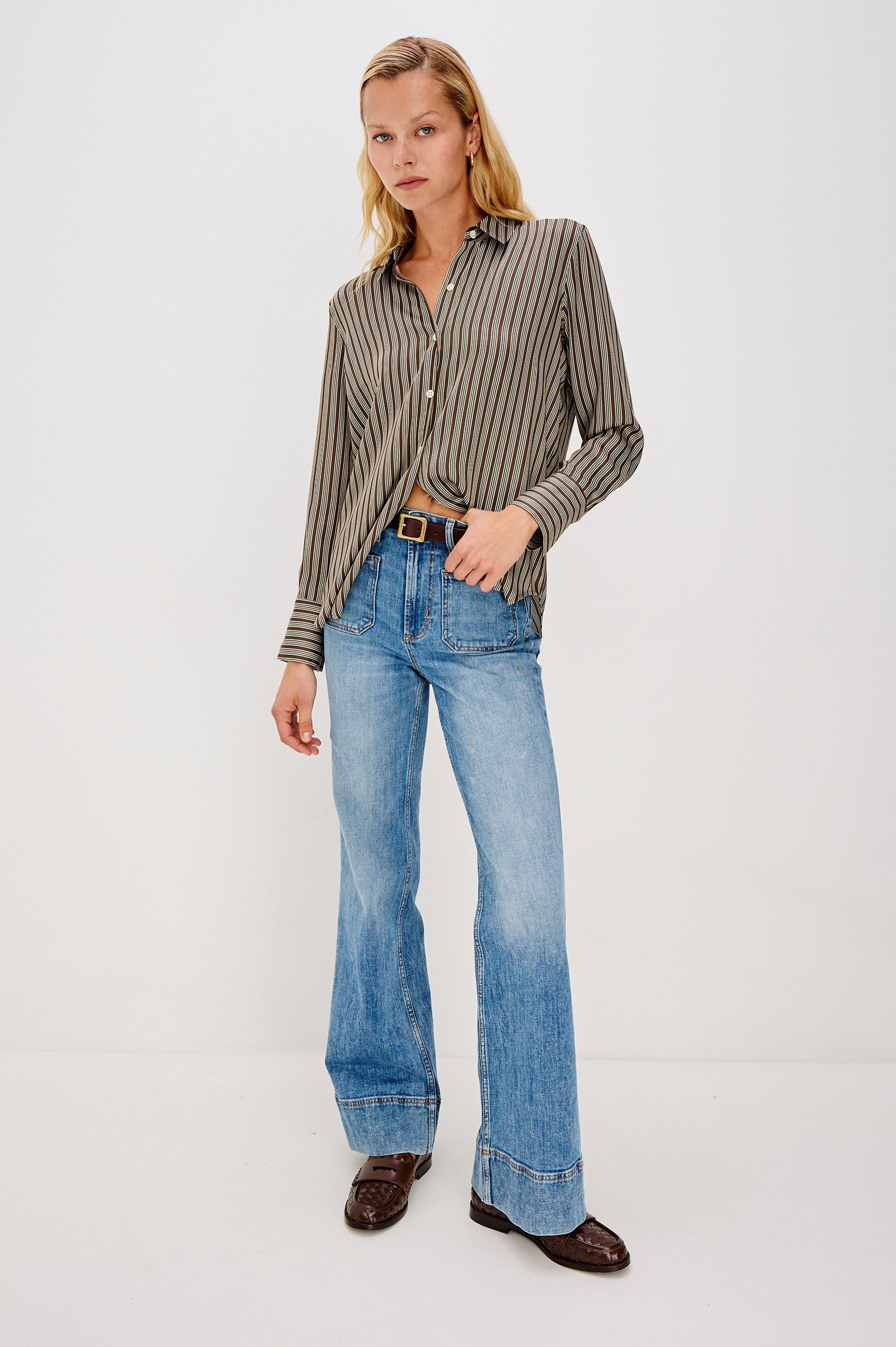 Saige Long-Sleeve Button Up in Isle Stripe colorway with brown base and thin and thick cream colored stripes  - full body front view on model