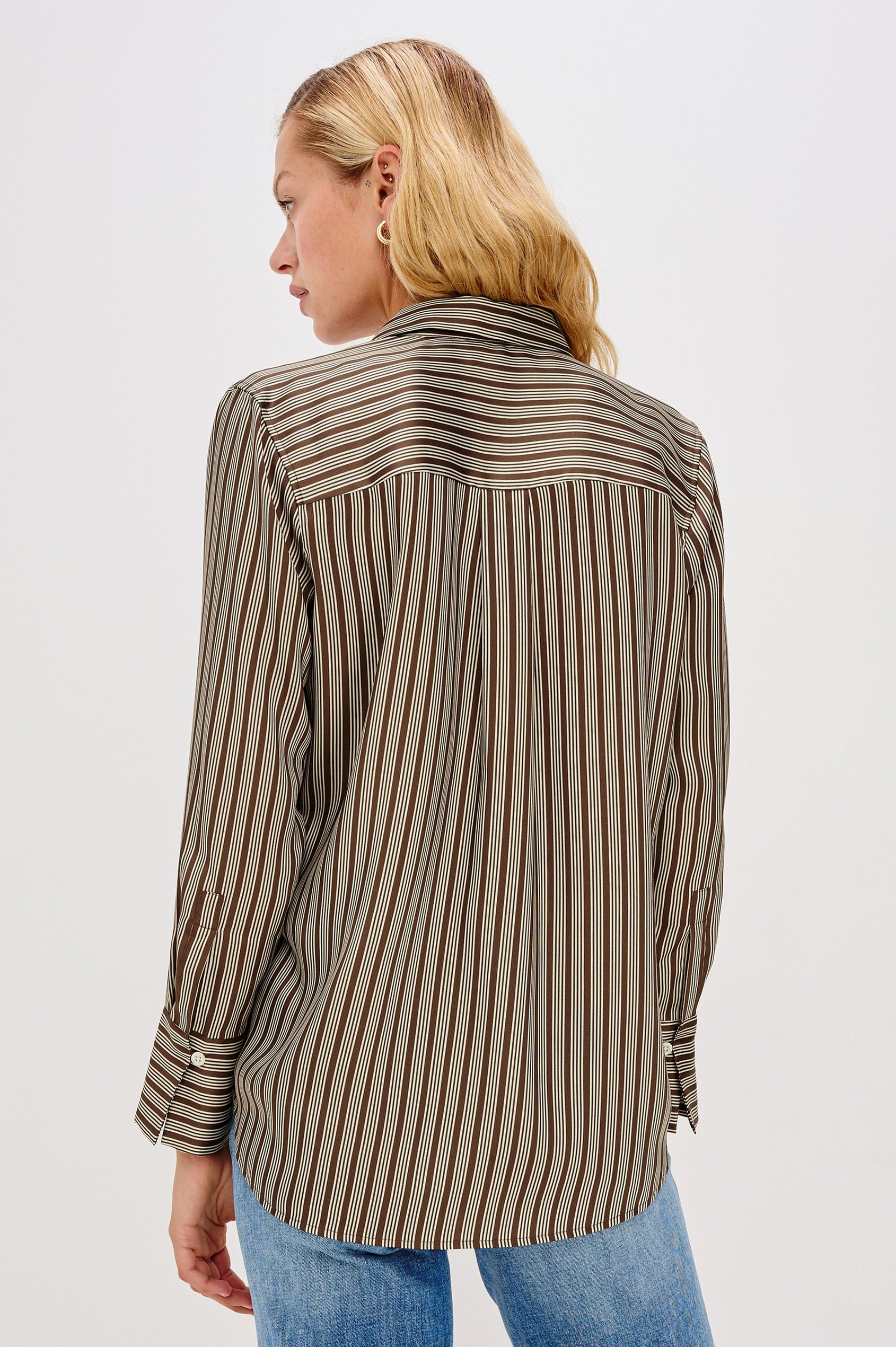 Saige Long-Sleeve Button Up in Isle Stripe colorway with brown base and thin and thick cream colored stripes  - back view on model