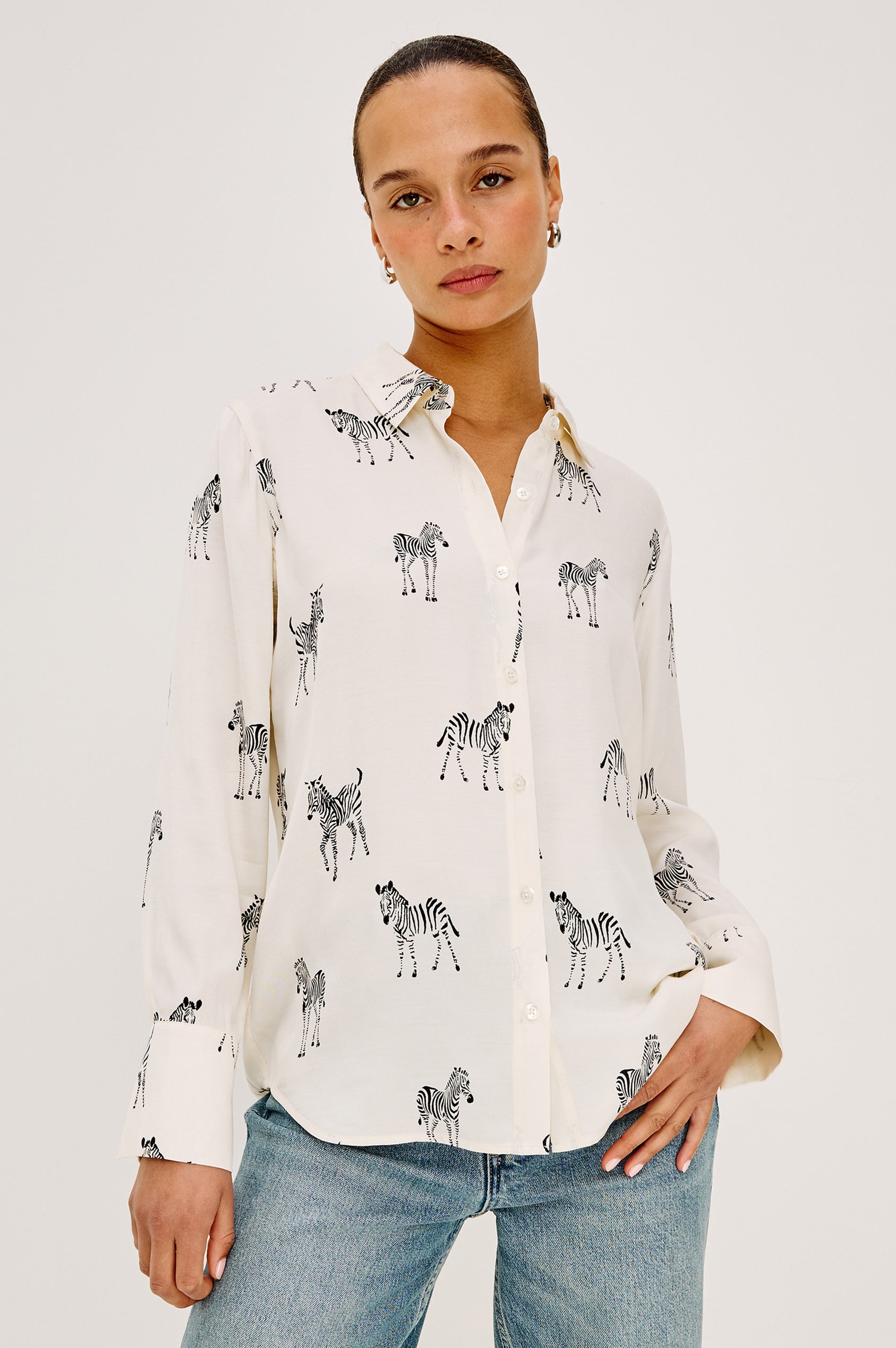 Saige Button-Up Shirt in Viscose Twill With Collar, Long Sleeves, and Relaxed Fit in Ivory Zebra Colorway - Upper Body Close Up View Featured on Model