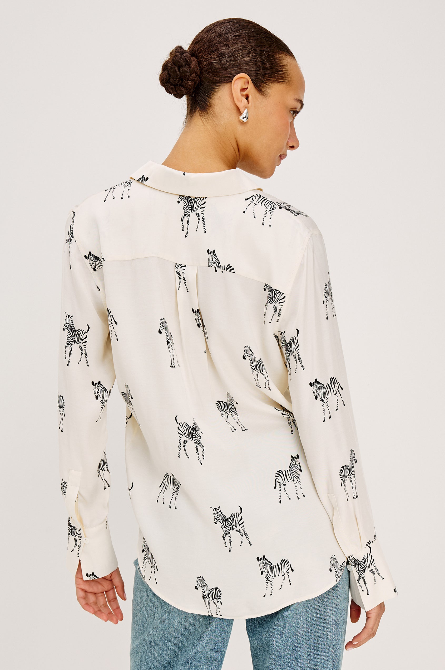 Saige Button-Up Shirt in Viscose Twill With Collar, Long Sleeves, and Relaxed Fit in Ivory Zebra Colorway - Upper Body Back View Featured on Model