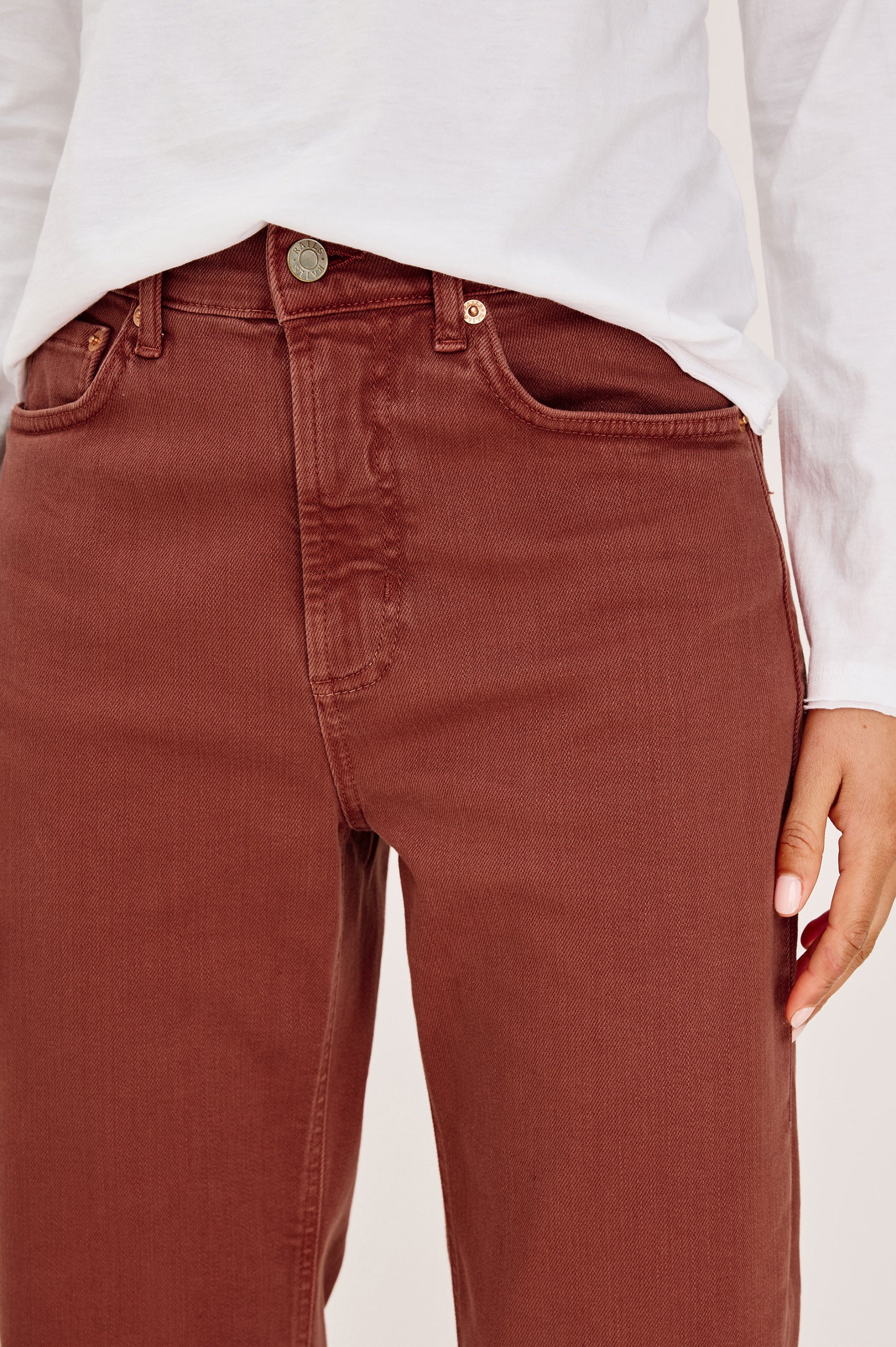 Samo Barrel Leg Jean in Light Stretch Denim With 5-Pockets, Low-Slung Fit, Darted Details, and Front Zip-Fly in Vintage Brick Colorway - Lower Body Front View Featured on Model