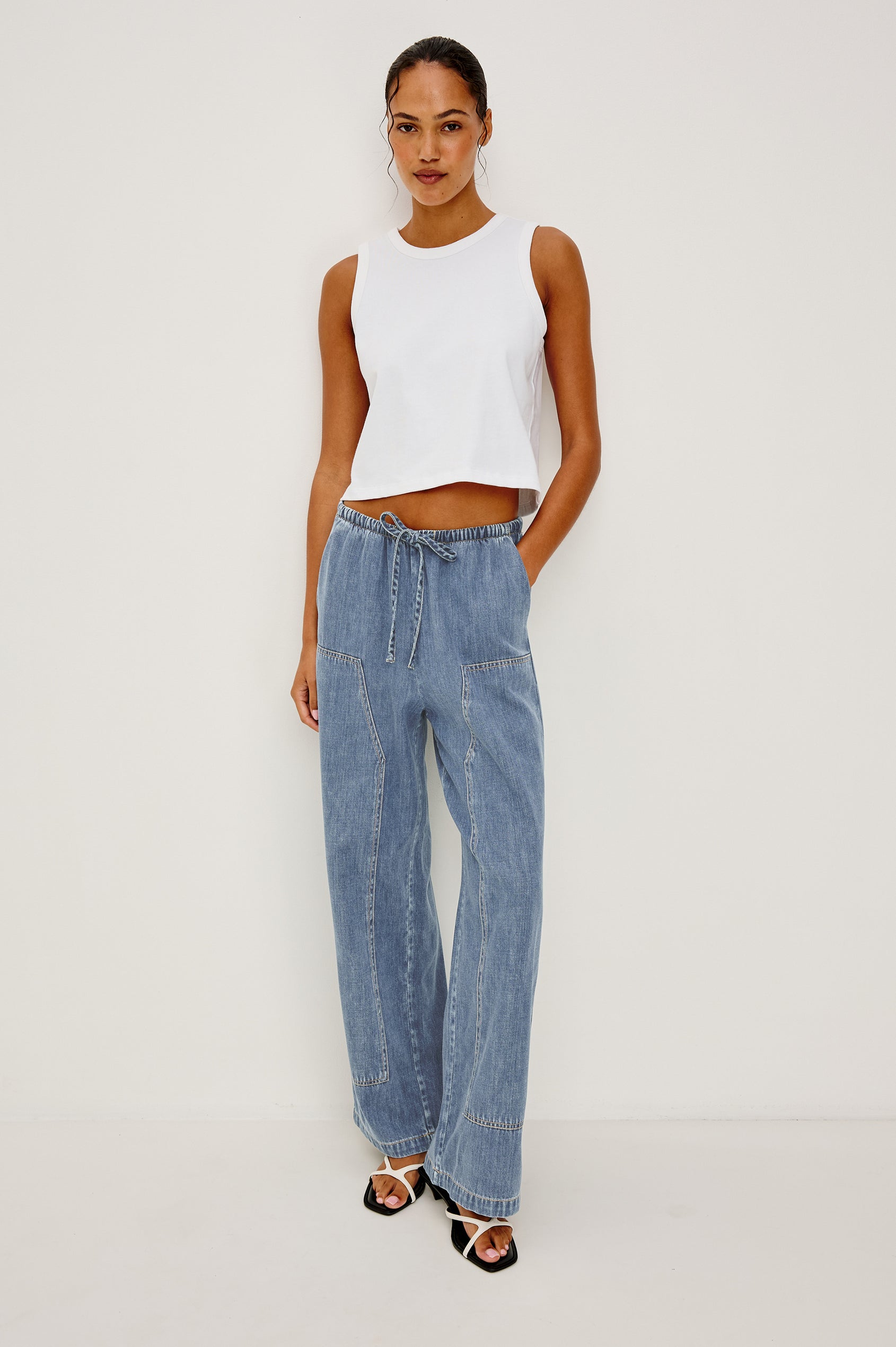 Sanderson Pant in Cotton Lyocell Denim With Relaxed Fit, Drawstring Waist Tie, and Carpenter-Style Leg Panels - Full Body Front View Featured on Model