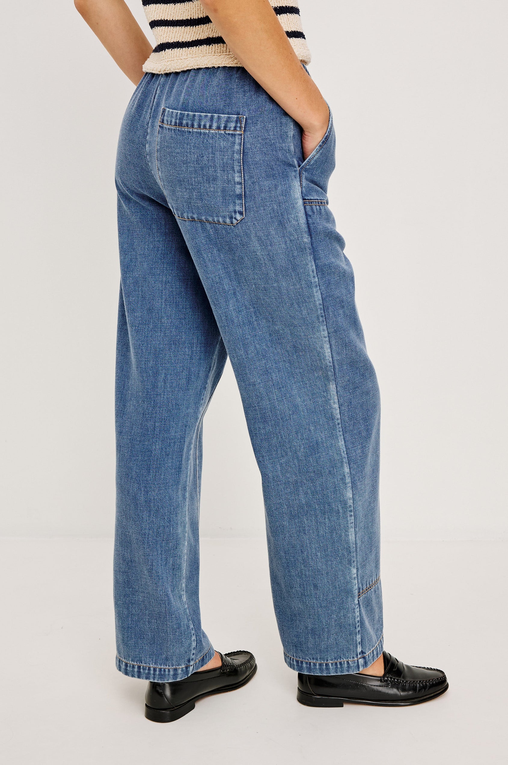 The Sanderson is a wide leg pull on pant with an encased drawstring waist tie, it has workwear inspired contrast topstitching on the front leg panels. Back view featured on model.