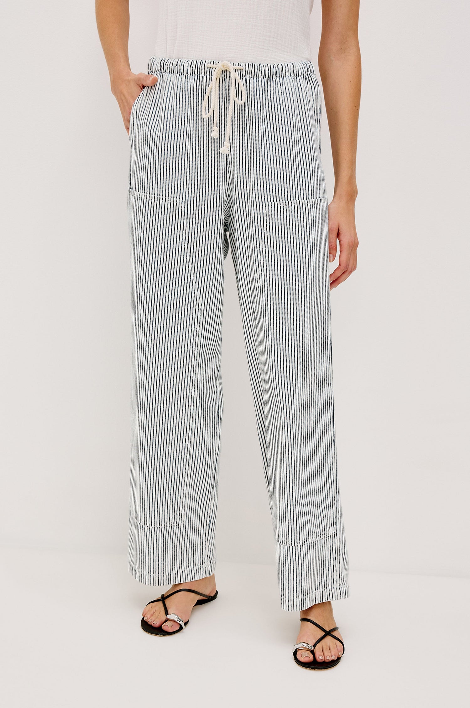 Sanderson Pull on Wide Leg Pant with a Drawstring Waistband and Side Pockets in Indigo Railroad Stripe Colorway. Front View Shown on Model.