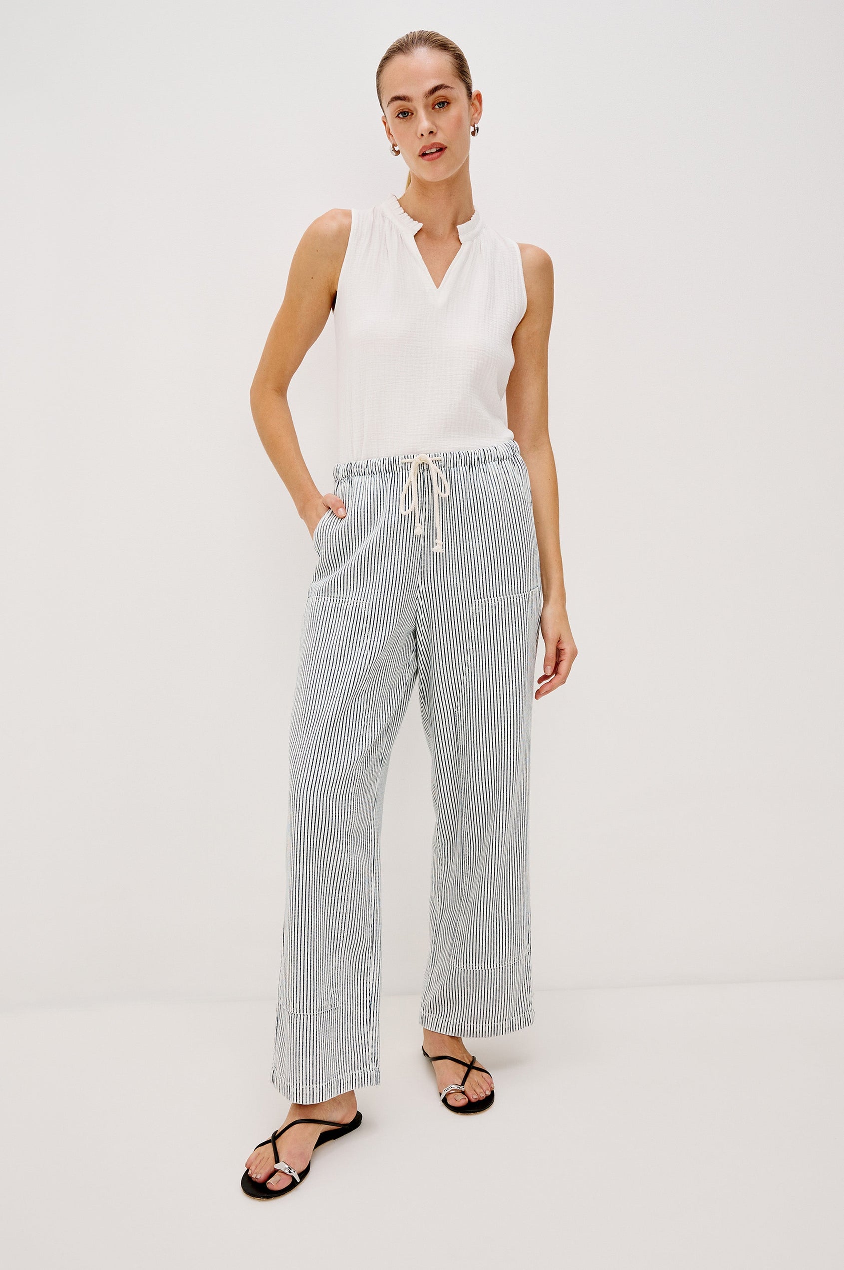 Sanderson Pull on Wide Leg Pant with a Drawstring Waistband and Side Pockets in Indigo Railroad Stripe Colorway. Full Body Front View Shown on Model.