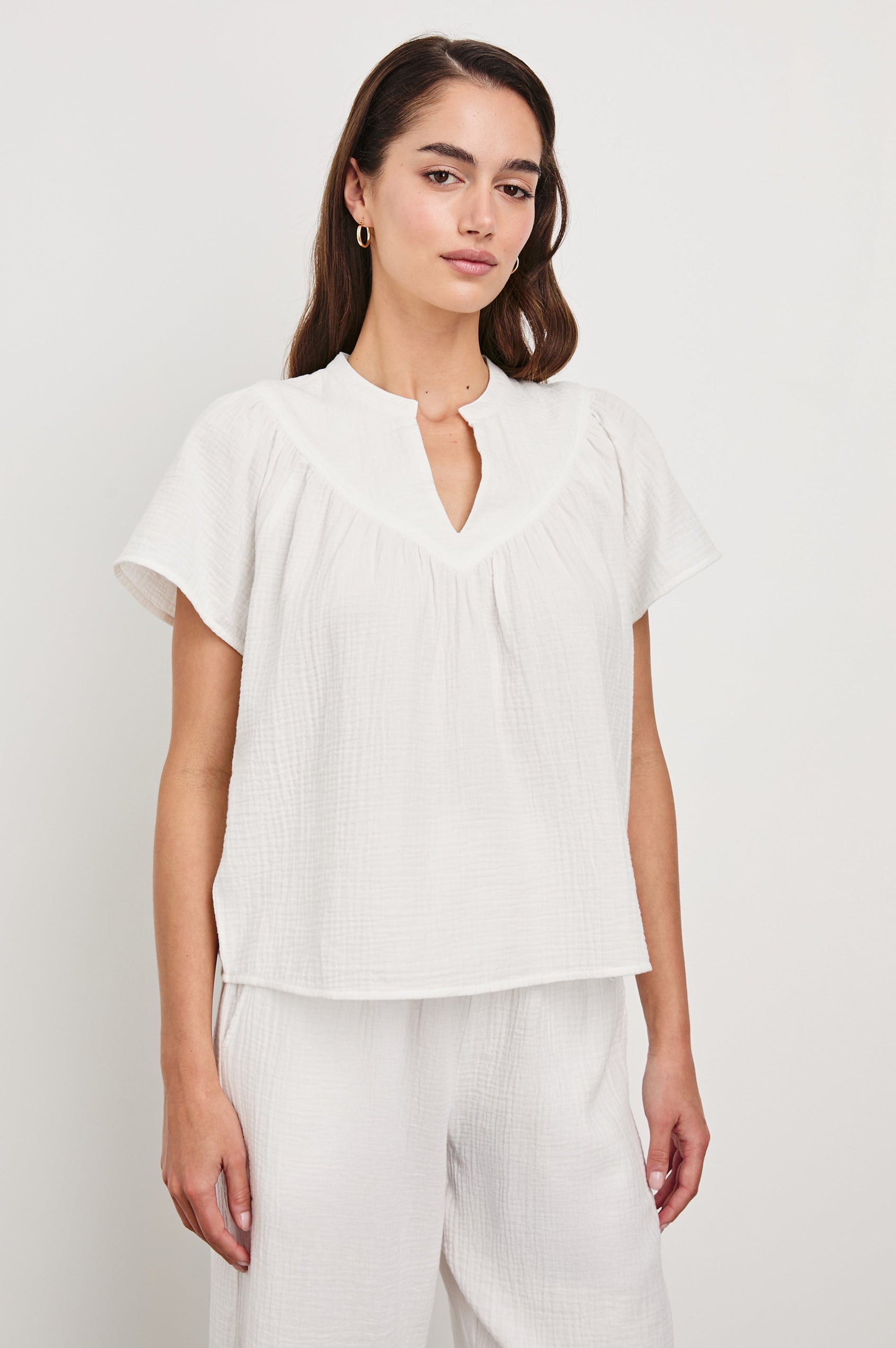 Sayer double cotton gauze flared short sleeve tee with V neckline in White - front view on model