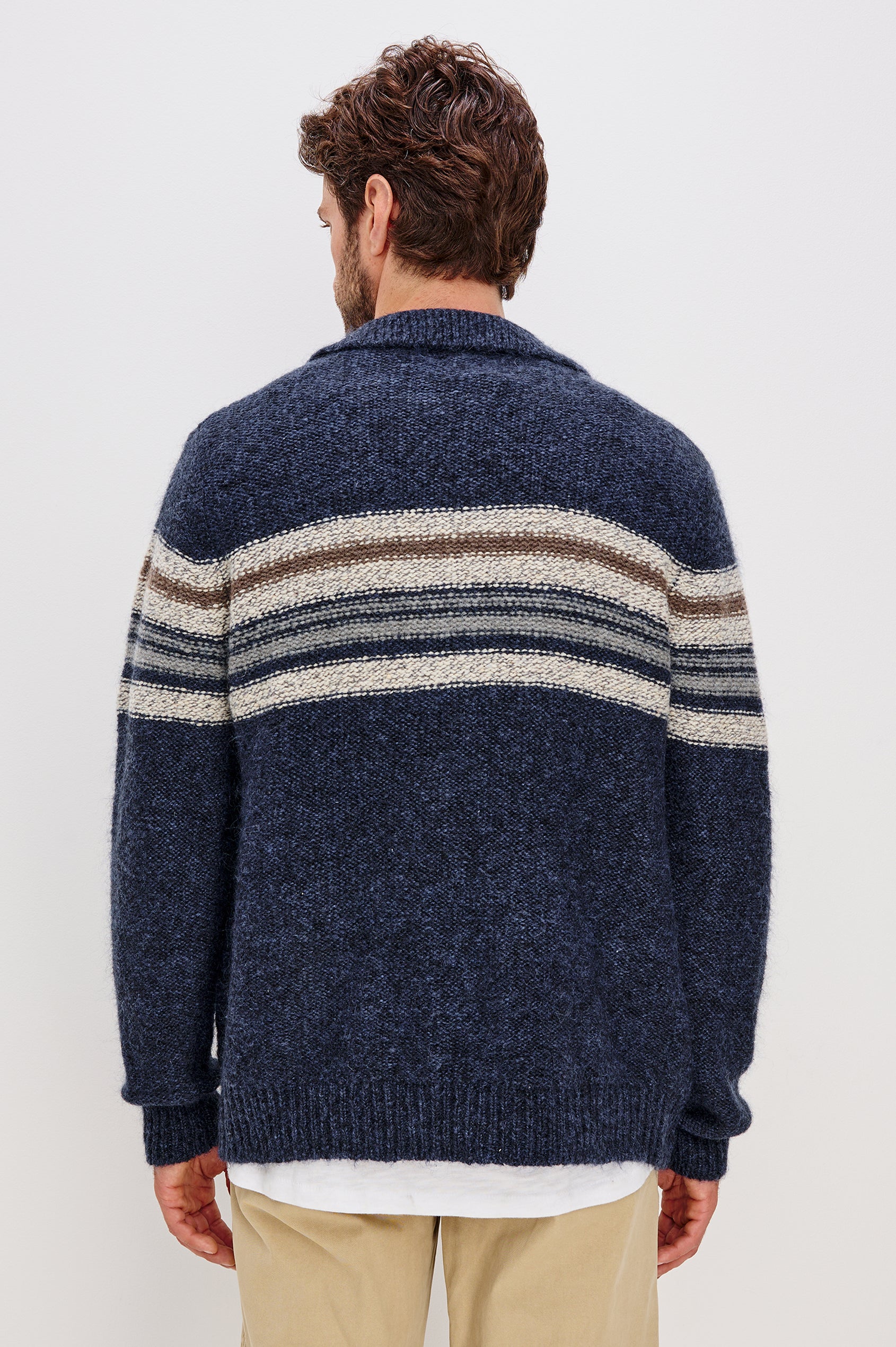 Seldon Cardigan Sweater in Wool Blend With Collar, Zip Front, Long Sleeves, Chest Stripes, and Ribbed Trim in Moon Shadow Colorway - Upper Body Back View Featured on Model
