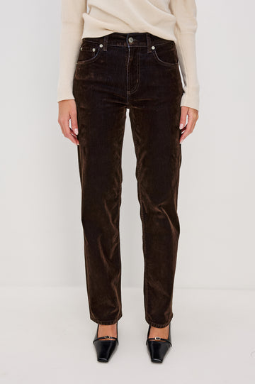 Sepulveda is a mid-rise 5-pocket, zip-front jean with a relaxed straight leg in chocolate-flocked denim in Chocolate Flocking colorway. Front view featured on model.