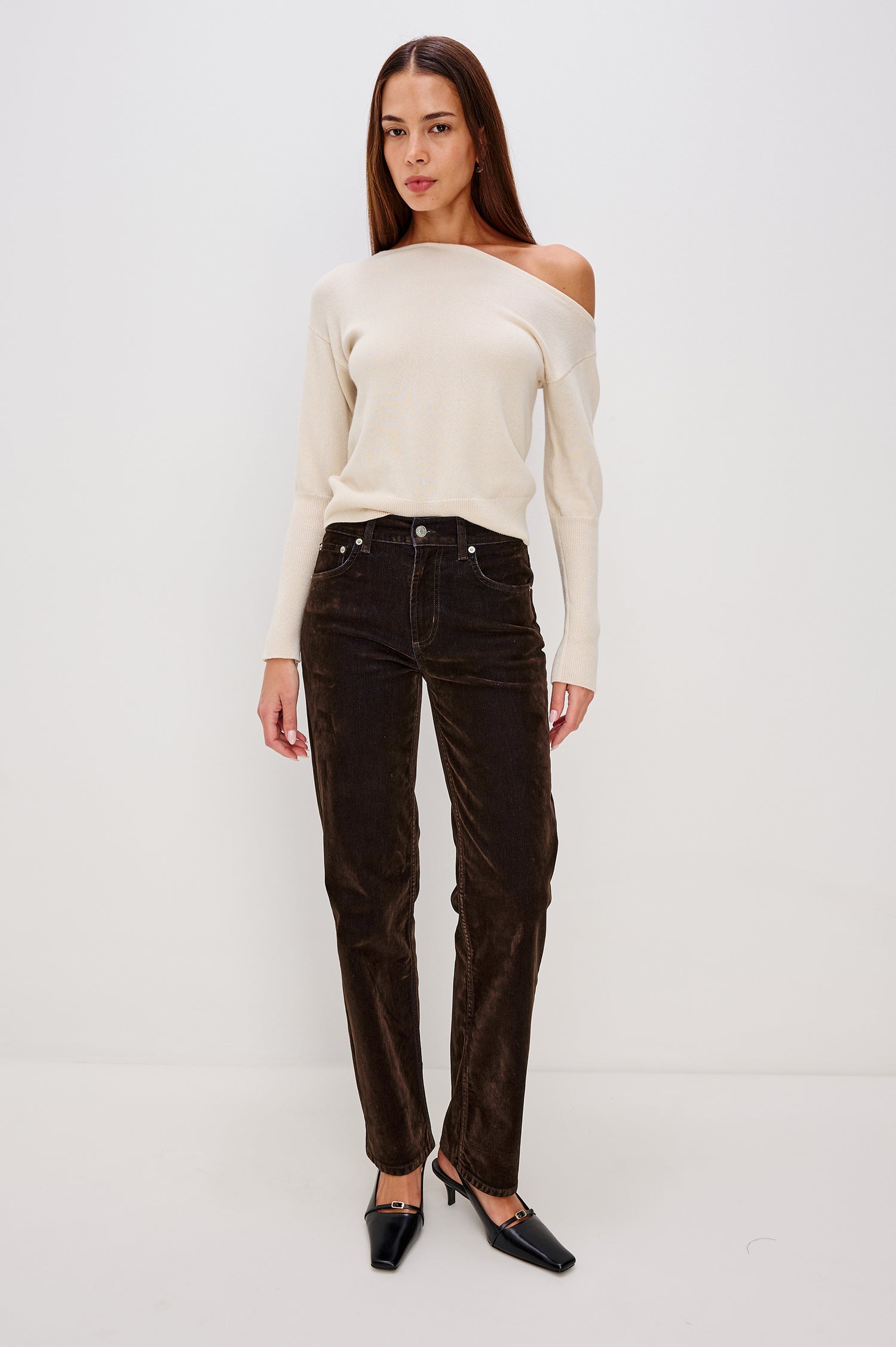 Sepulveda Mid-Rise Jean in Chocolate Flocked Indigo Denim With Relaxed Straight Legs, 5-Pocket Styling, Front Zip-Fly in Chocolate Flocking Colorway - Full Body Back View Featured on Model