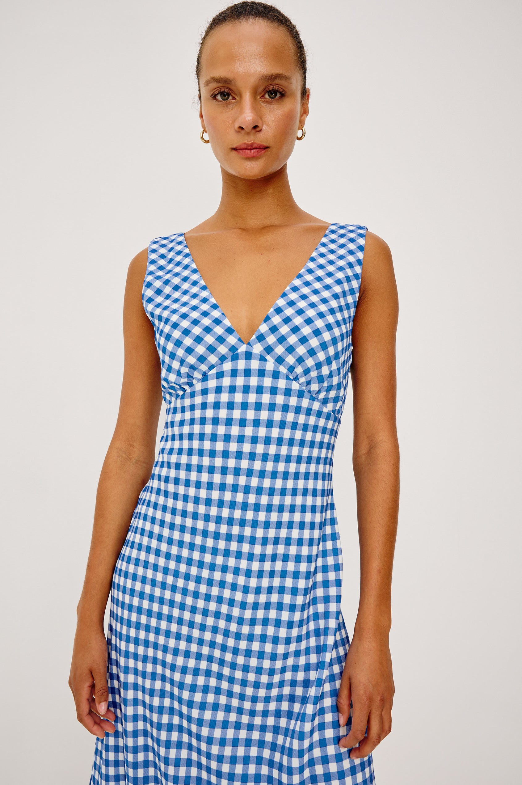 Serafina Midi Dress With V-Neckline and Bias Cut in Gingham Tomatoes Colorway - Full Body Front View Featured on Model