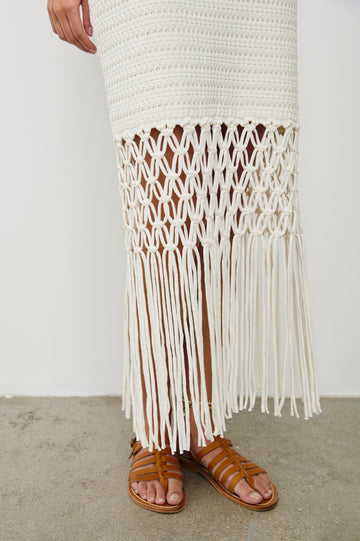 Sevilla Pull On Midi Skirt with Elastic Waistband, Straight Fit, Lattice and Fringed Hem in White Colorway. Front Detailed View Shown on Model.