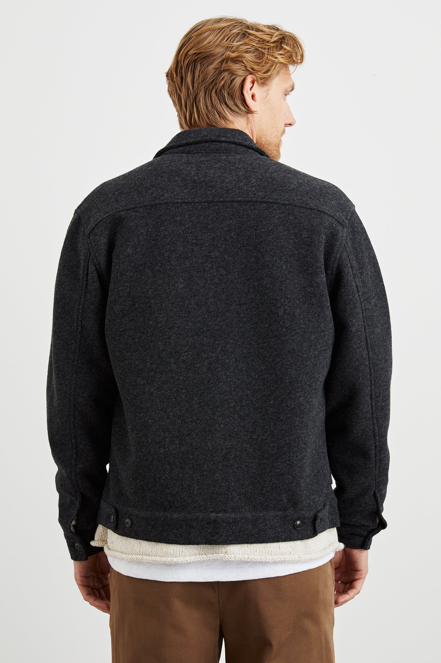 Shael Zip-Up Jacket with Two Front Pockets in Graphite Colorway - Back View Featured on Model