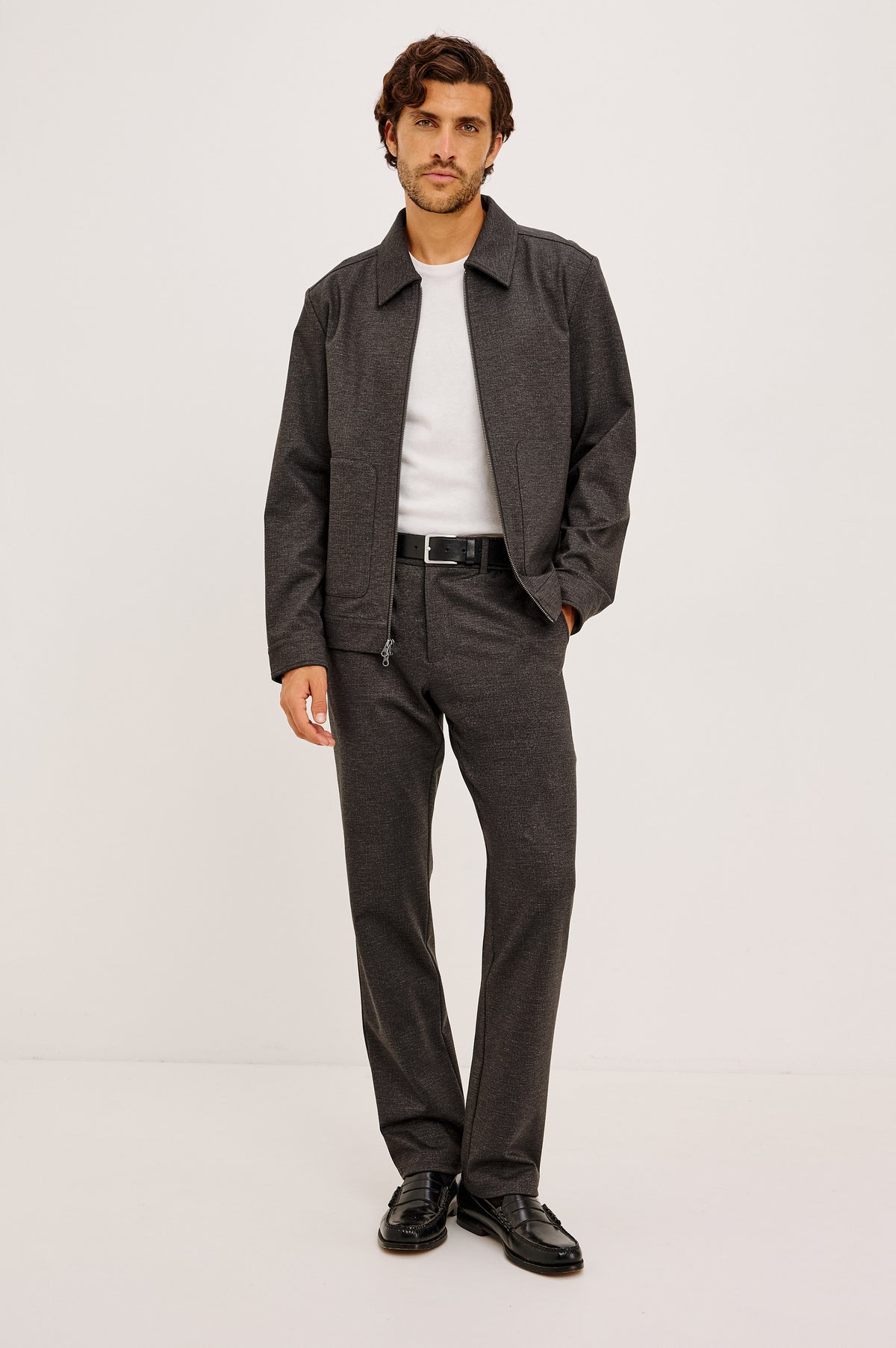 Shael Jacket in Heathered Stretch Ponte With Point Collar, Zip Front, and Double Welt Pockets in Umber Colorway - Full Body Front View Featured on Model