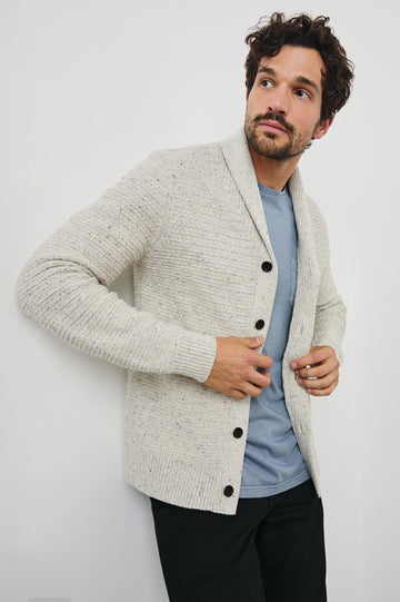 Shepley Long-Sleeve Cardigan with Button Closure and a Shawl Collar in Natural Oat Colorway - Front View Featured on Model